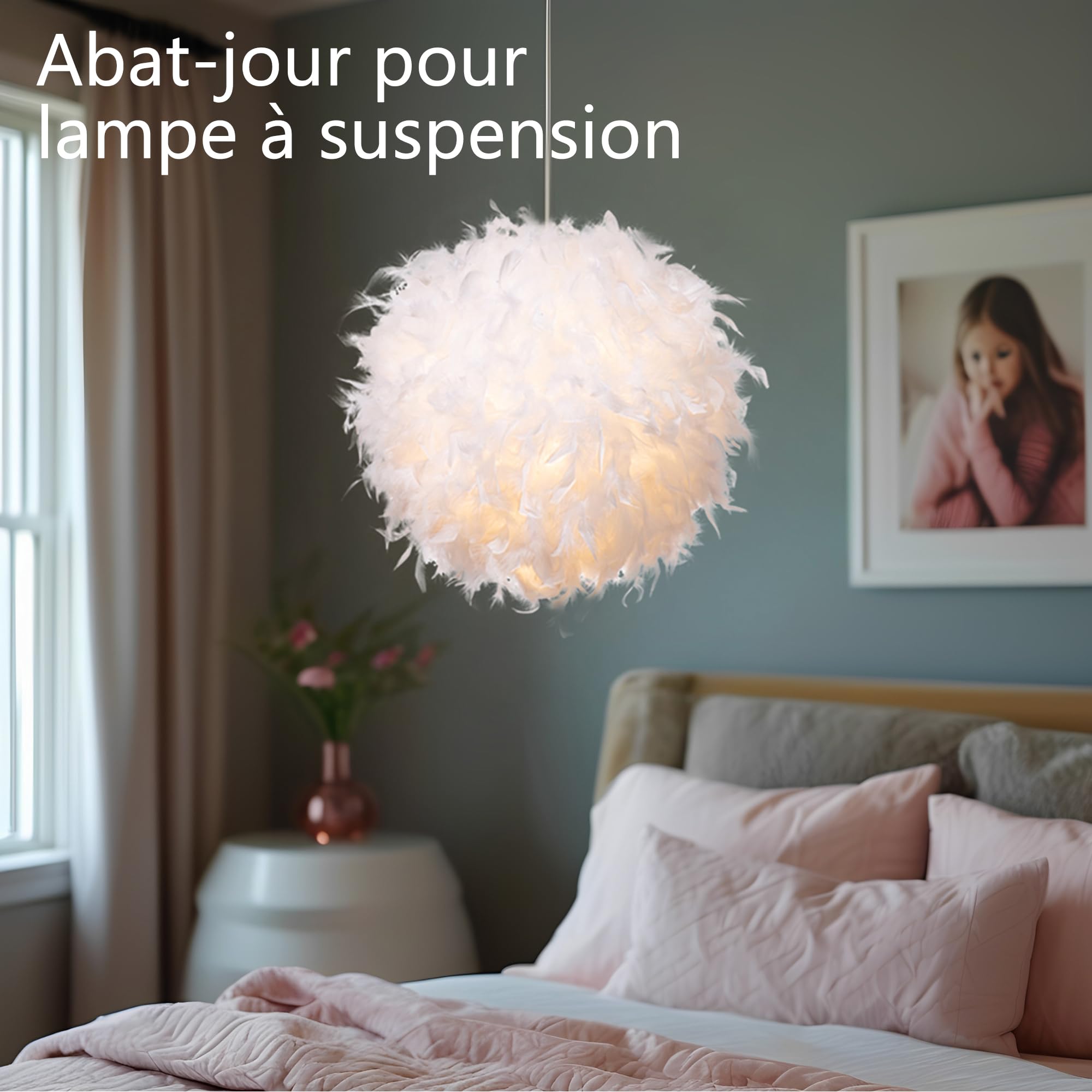 Waneway 40cm, Abat-jour Plume pour Lumière de Pendentif Lustre de Plafond, Abat-jour pour lampe suspendue ou lampe de table, Décoration pour Chambre à Coucher, Salon et Mariage, Blanc