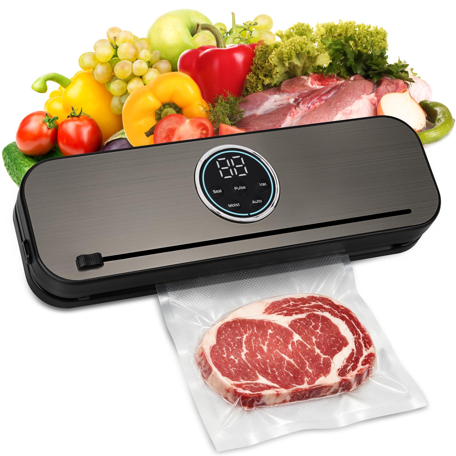 Wonlooker 80kPa Vacuum Sealer Machine with Built-In Cutter & LED Display | 5 Modes Vac Pack Machine with 50 Pre-Cut Vacuum Bags for Keeping Meat Vegetables Fruits Grains Snacks Fresh