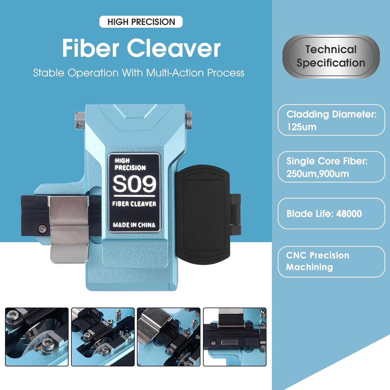 S09 Fiber Optic Cleaver, High Precision and Fully Automatic Fiber Cutter Tool with 24 Position Blades(Blue)