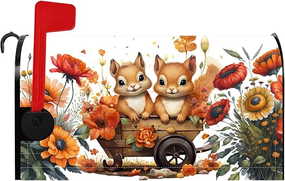 Cute Squirrel Mailbox Cover, 21x18 Inches, Orange, Garden Style, Post Mount, Magnetic, Waterproof Oxford Cloth