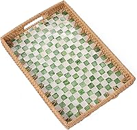 Vista 21 de Rectangle Rattan Tray with Mother of Pearl Inlay, Rattan Serving Tray with Handle for Coffee, Bread, Fruits, Snacks, Decorative Wicker Tray for