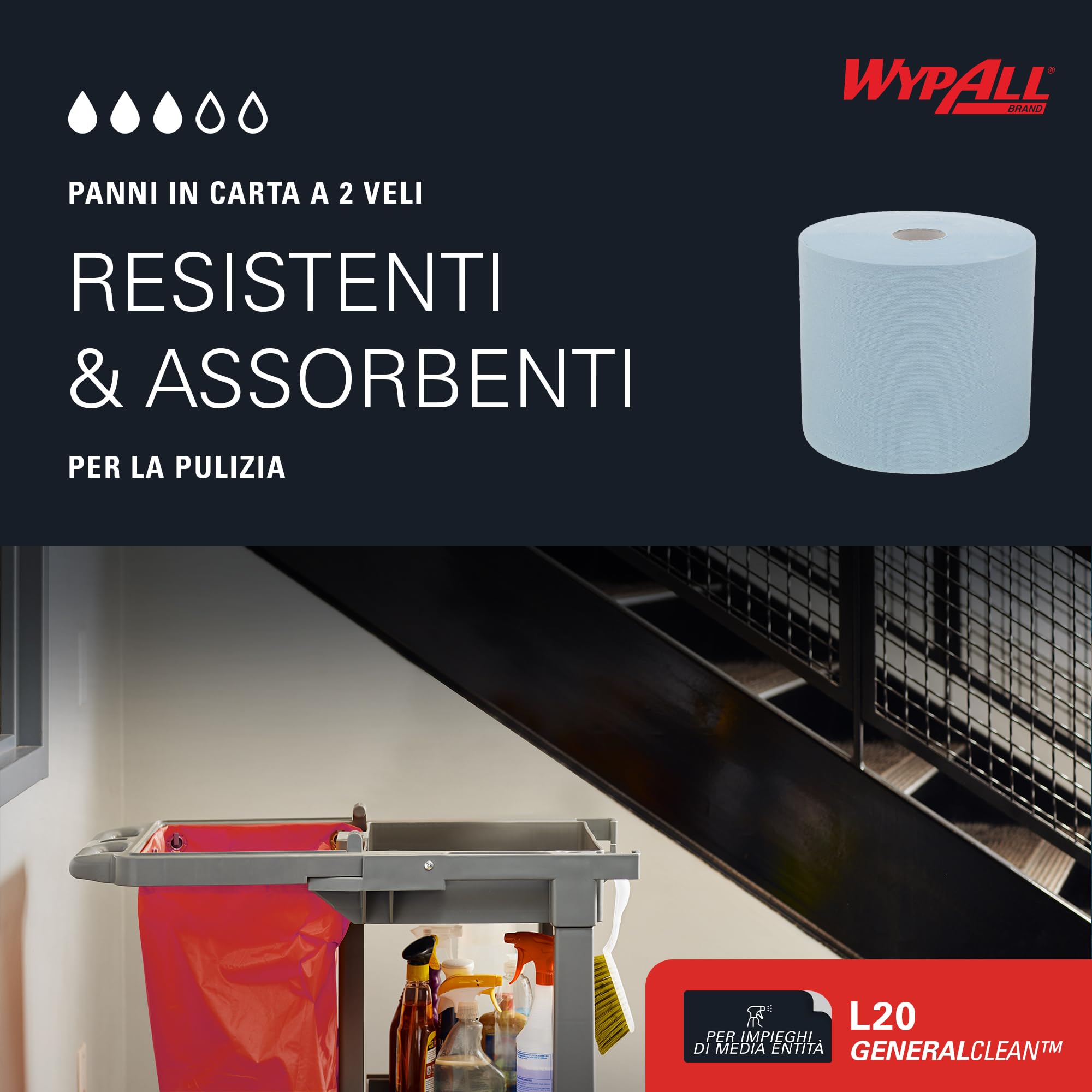WypAll L20 Maxi Rotolo Panni Carta 7300, 2 Veli, Blu, 500 Fogli, Biodegradabili, Certificato Contatto Alimentare