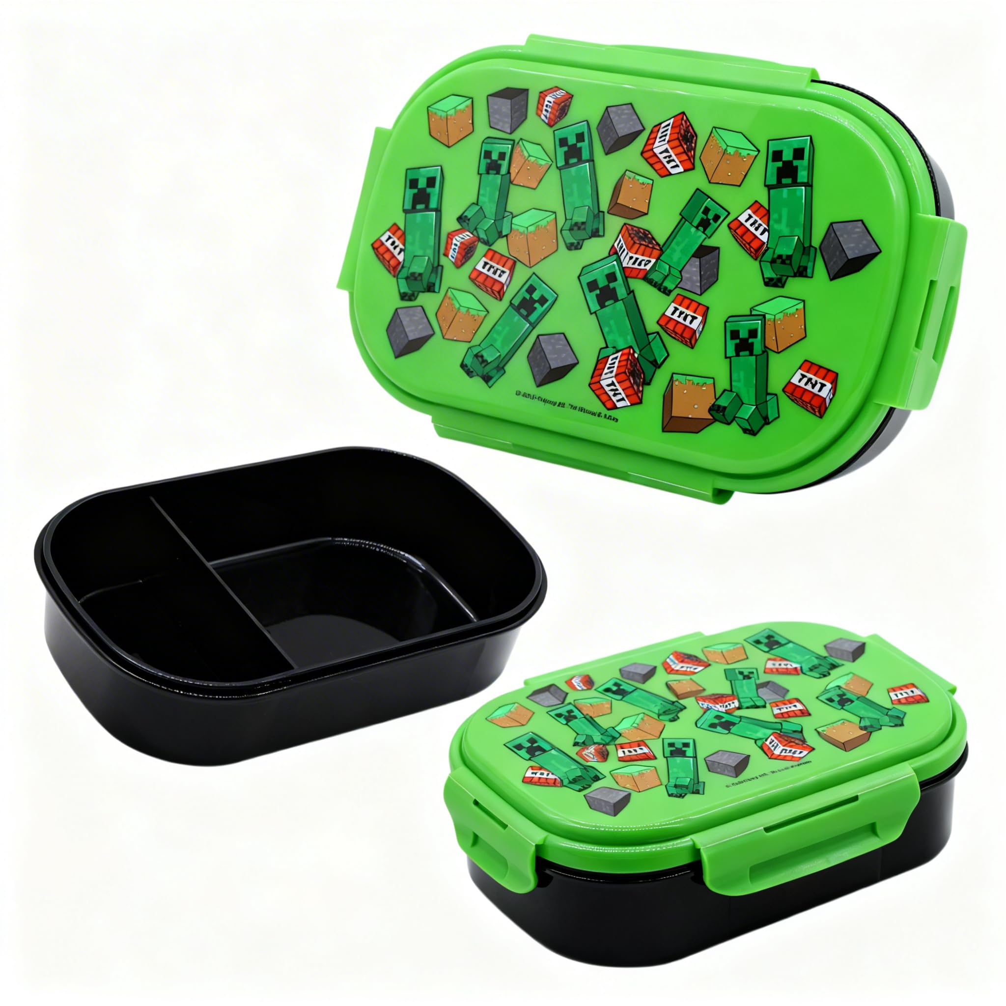 Minecraft Bento Lunch Box with Spork, Kids 2 Compartment Lunchbox with Secure 4-Latch Lid, Creeper TNT Grass Block Design, BPA Free Dishwasher Safe Food Container, Lunch Bag Friendly 23 x 20 x 8 cm