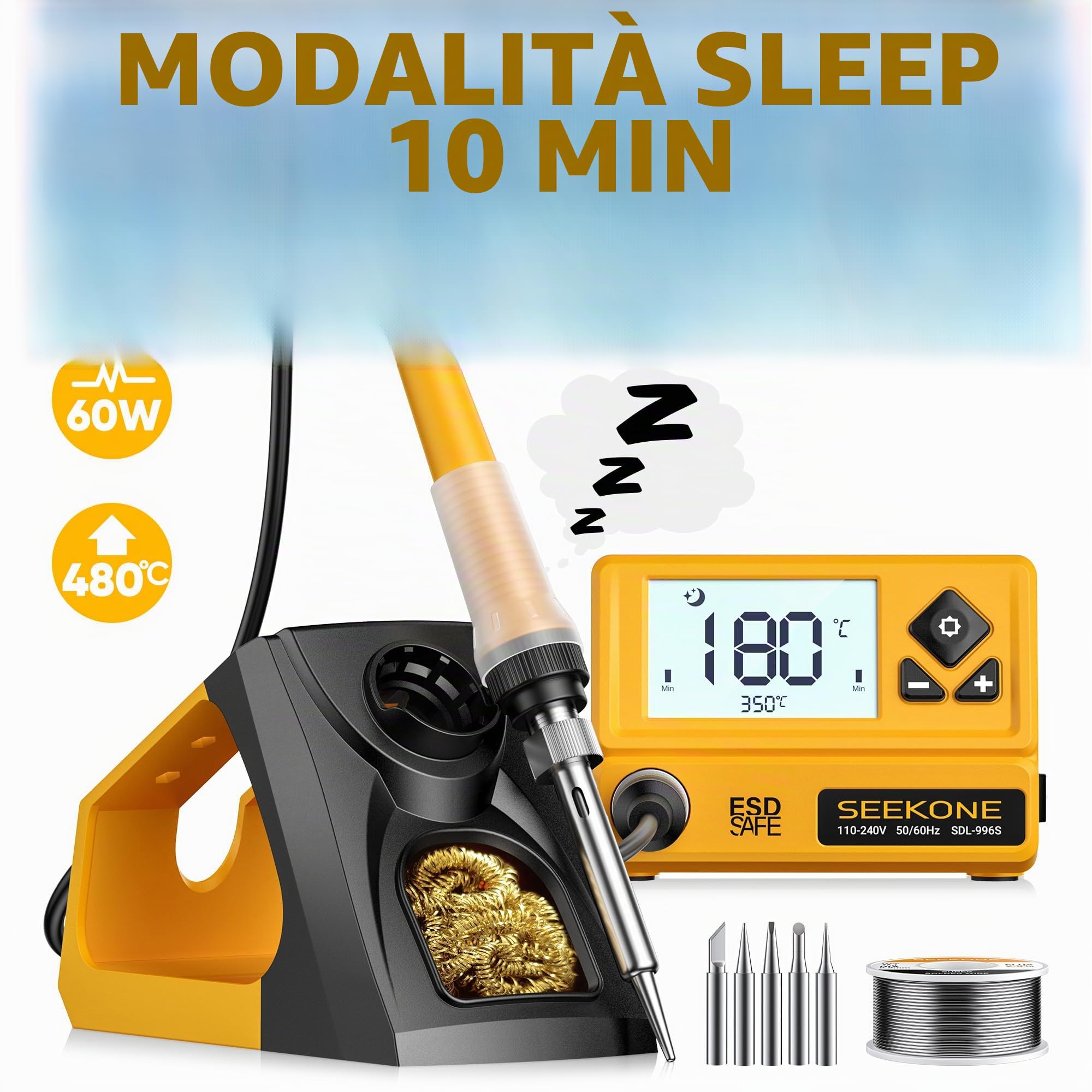 SEEKONE Stazione di Saldatura 60W con Controllo Temperatura 200℃-480℃ con Display LCD, Stazione Saldante Aria Calda con 5 Punte di Saldatura, Funzione Standby, Memoria Power-On