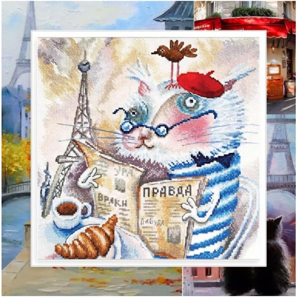 RTO Cross Stitch Embroidery Kits for Adults Animals, Urban Sketches - Cat Reading a Book in Paris 23.5x23.5cm/9.3x9.3 16CT