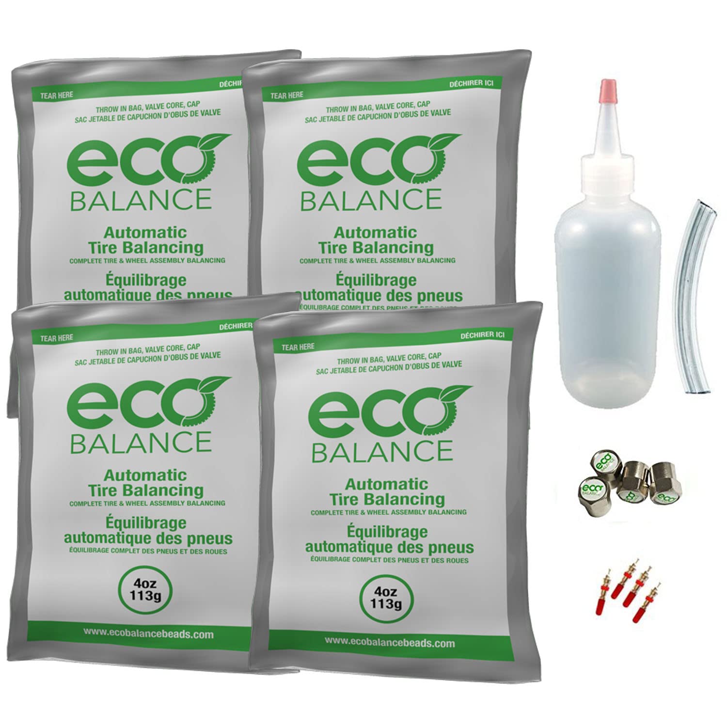 ECO Balance EDIY-4 Do It Yourself Tire/Wheel Balancing Beads Kit - Automotive, SUV, Light Truck Tires, (4) 4oz DIY Bead Bags, (4) Valve Caps and Cores, (1) Core Remover, Injector Bottle
