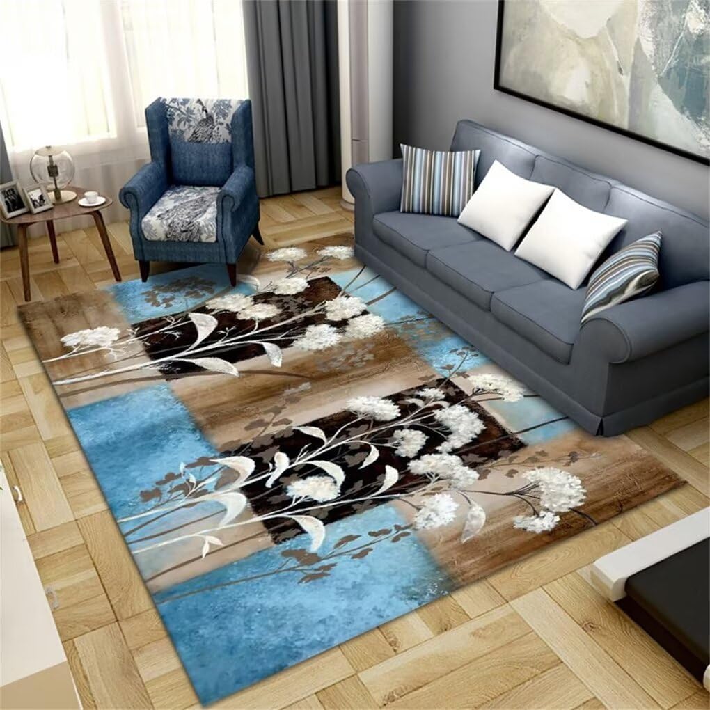 Tapis de chambre insonorisant et antidérapant bleu floral 200x200
