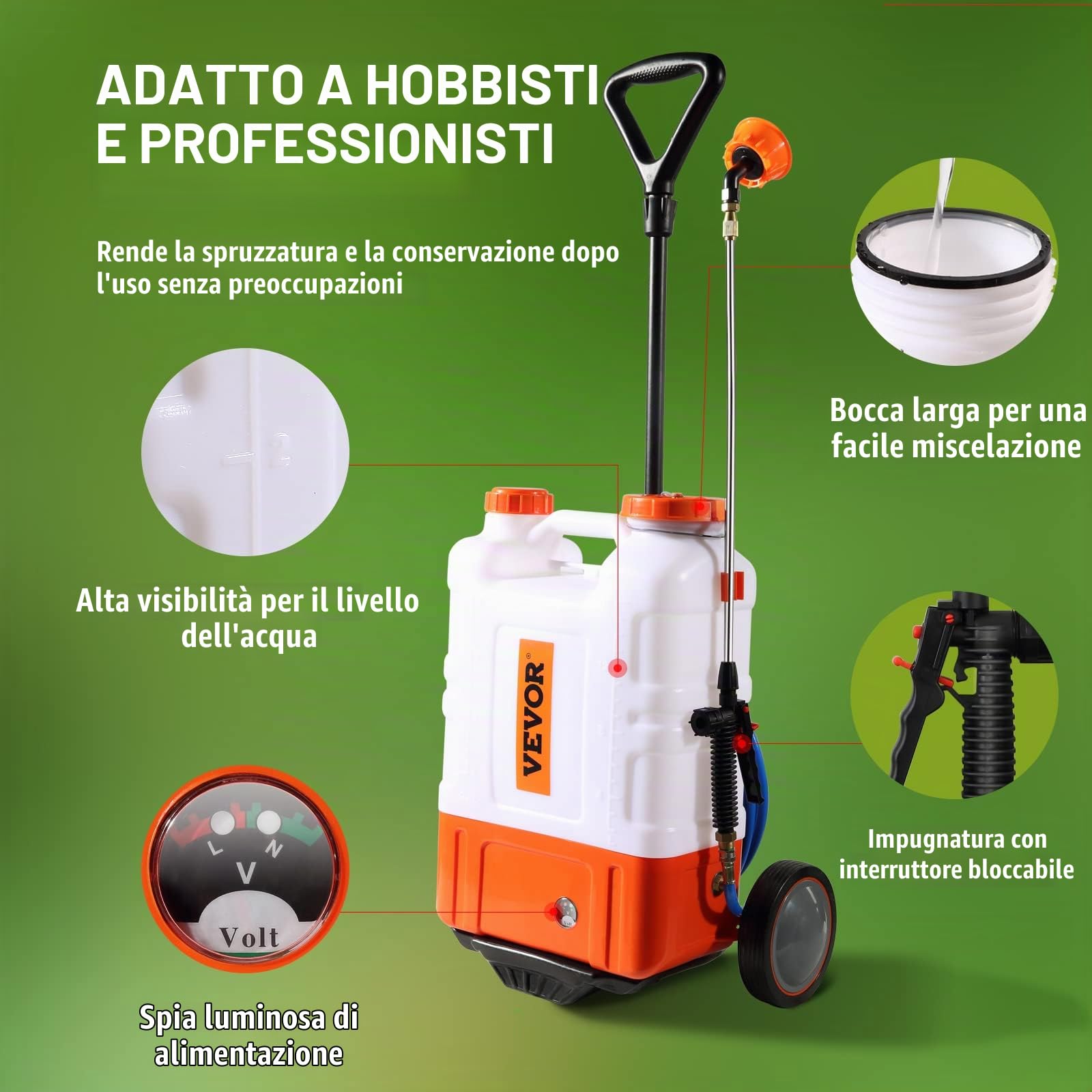 VEVOR Irroratore a Zaino con Carrello, Pressione Regolabile 0-94 PSI Serbatoio da 15 Litri su Ruote, con 8 Ugelli, 2 Lance, Coperchio a Bocca Larga per Giardino, Diserbo, Irrorazione, Pulizia