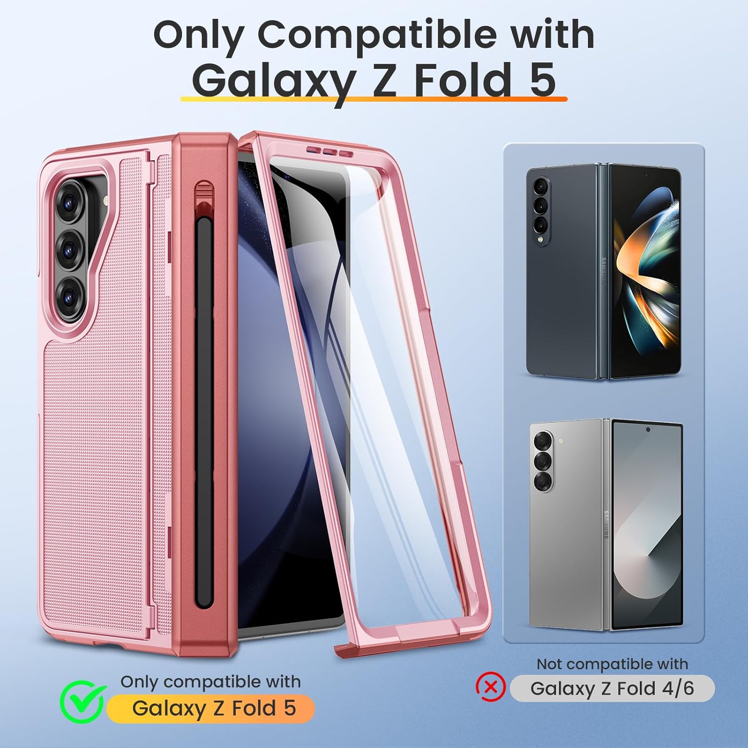 VEGO for Galaxy Z Fold 5 Case with Screen Protector, Fold 5 Case Hinge Protection & S Pen Slot Support Wireless Charging Full-Body Anti-Slip Drop Protection Kickstand Case for Samsung Fold 5- Pink