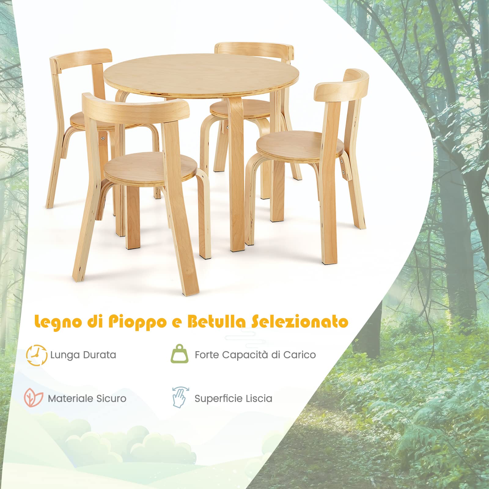 COSTWAY Set Tavolo e Sedie per Bambini, con Schienale Curvo in Legno, Tavolo Attività per Bambini con 4 Sedie, Capacità di Peso 25kg, 4+ Anni (naturale)