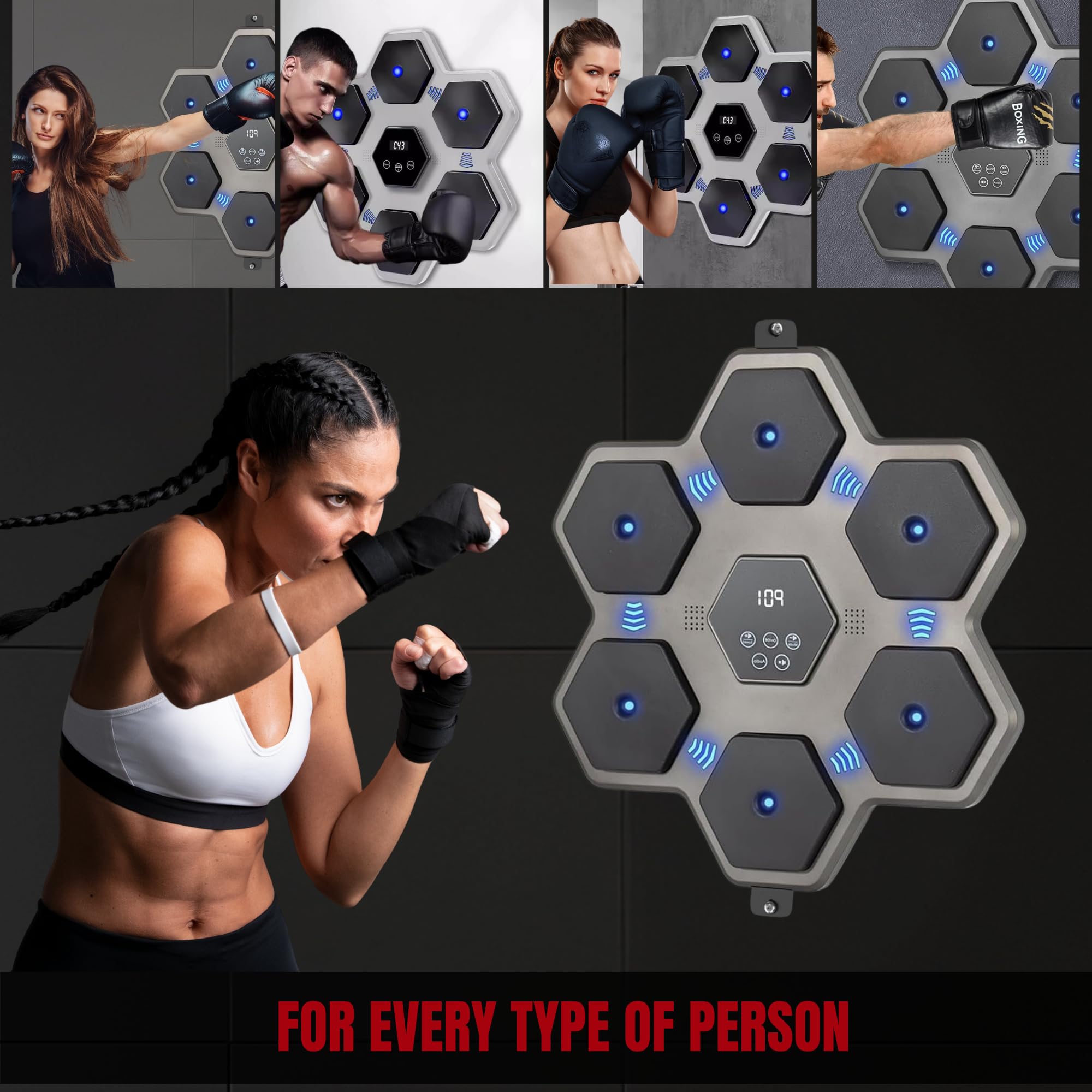 MAGIC SELECT Musikalische Boxmaschine. Wandtrainingsgerät mit LED, Boxhandschuhen, Bluetooth und Lichtern im Rhythmus der Musik. Boxmaschine für Kinder/Erwachsene. (9 Modi, 43x43 cm)
