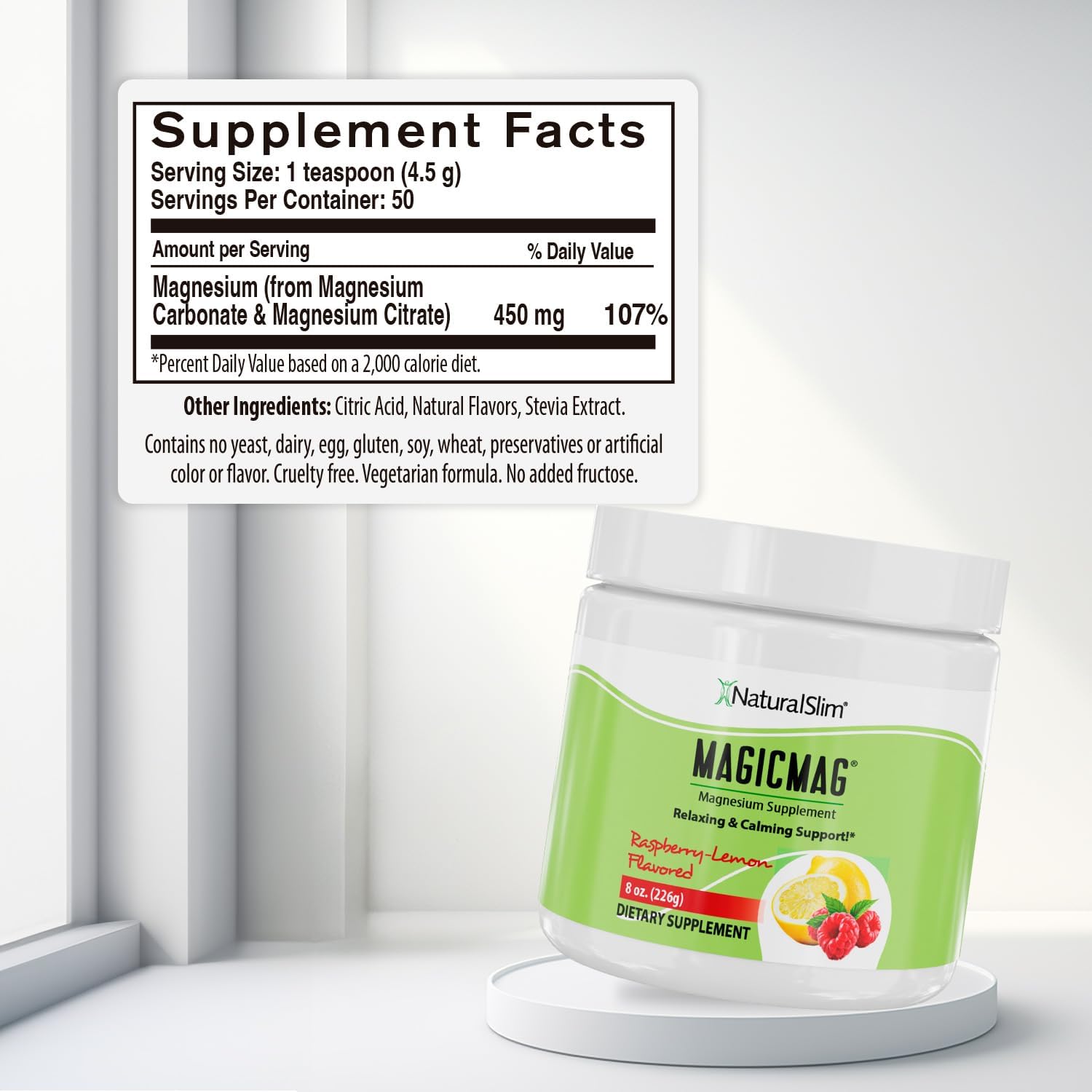 NaturalSlim MagicMag Magnesium Citrate Powder Drink for Relaxation, Stress, Constipation, Better Rest & Digestive Health, Magnesium Supplement for Women and Men, Raspberry Lemon 8oz