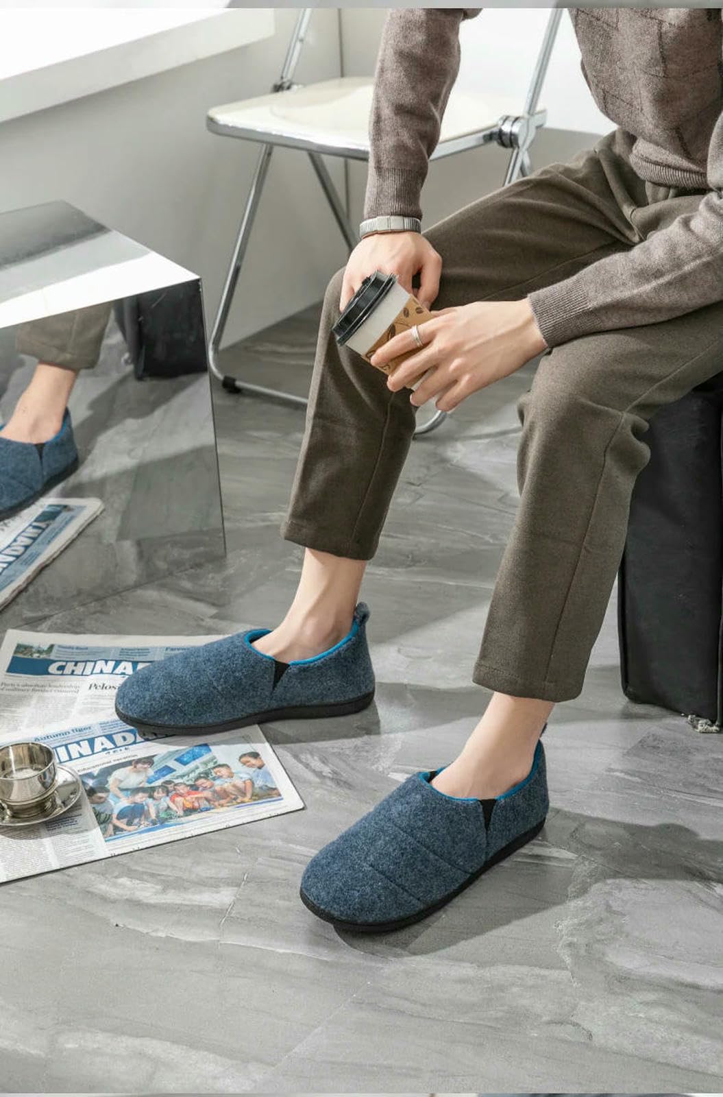 Pantofole Scarpe di Cotone Inverno in da Uomo Caldo Casa Casual House Antriskid Outdoor-Blu -45-46