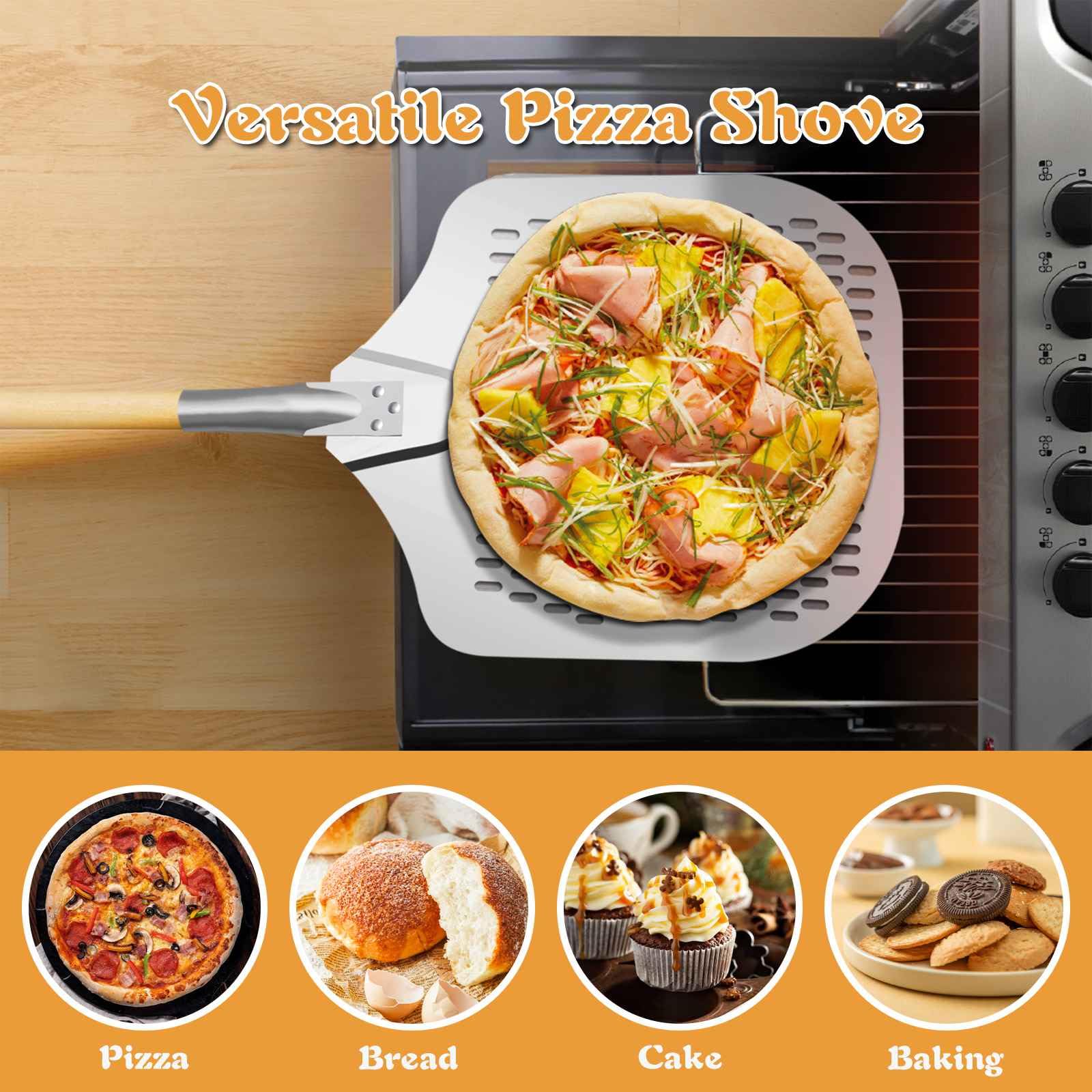 Gute Perforierter Pizzaschieber,Pizzaschaufel,Hart Aluminium Pizzawender,3 Set 138cm Lang,Große Pizzaschieber mit abnehmbarem langen Holzgriff, Pizzaheber für Backofen a
