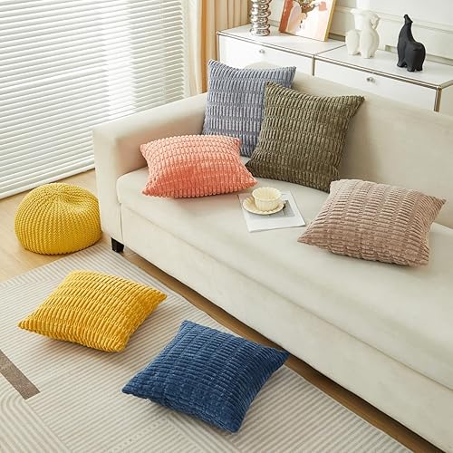 Miniatura 12 de Sunday Praise Paquete de 2 fundas de almohada decorativas de pana de 18 x 18 pulgadas, fundas de almohada cuadradas de rayas bohemias suaves