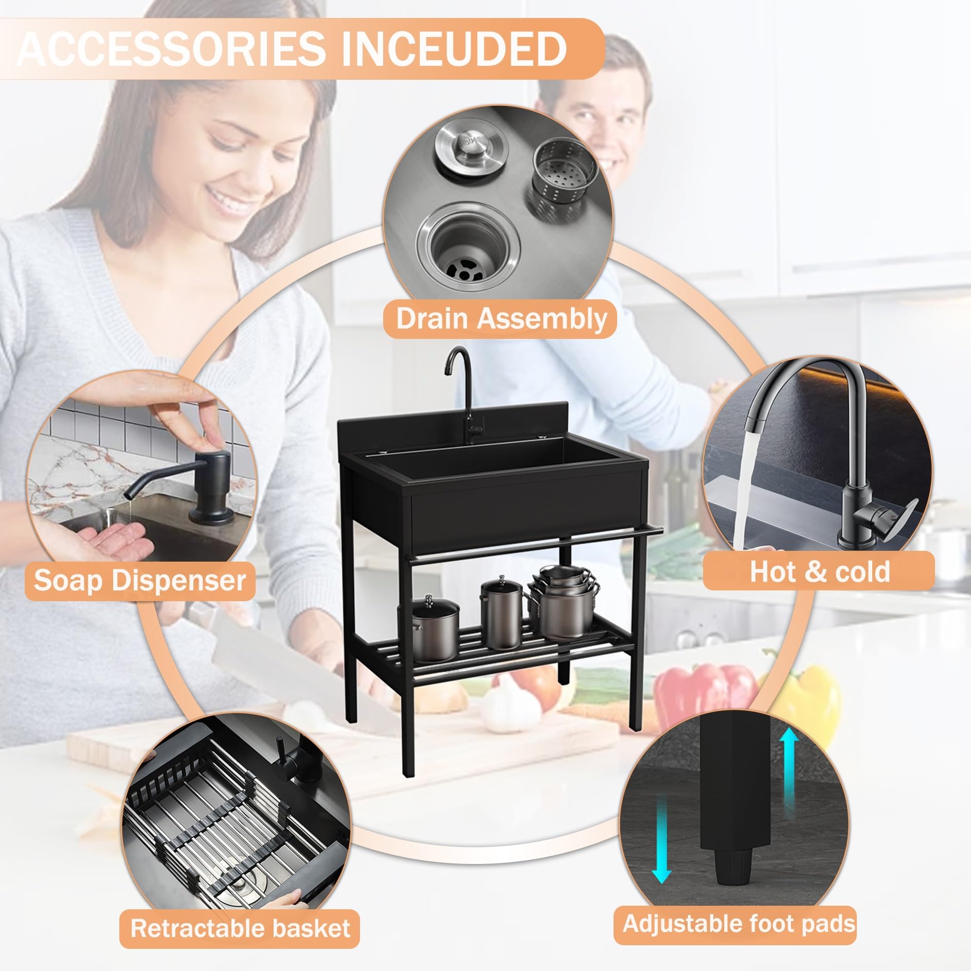 Lavandino da Esterno con Rubinetto,Lavello Cucina 1 Vasca in Acciaio Inox con Mobile,Lavabo da Giardino Autoportante,Lavelli Commerciale con Kit di Troppo Pieno,per Ristorante,Garage,Interno(96x51x94c