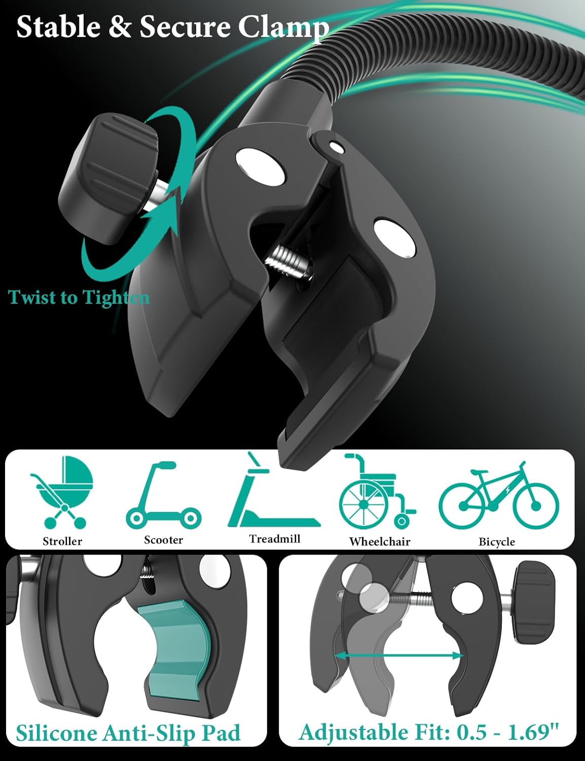 Stroller Phone Holder, Gooseneck Cell Phone Mount for Baby Stroller, Shopping Cart, Bicycle, Pilates Reformer, Handlebar Clamp Mount for iPhone 16 Pro Max/14/13/12, Galaxy S24, 4–7" Smartphone