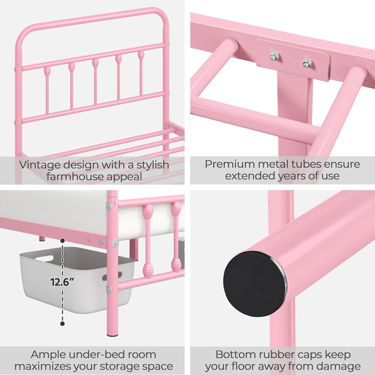 Yaheetech 2 Pcs Twin Bed Frame Metal Platform Bed with Victorian Style Iron-Art Headboard/Footboard/Under Bed Storage/No Box Spring Needed Pink