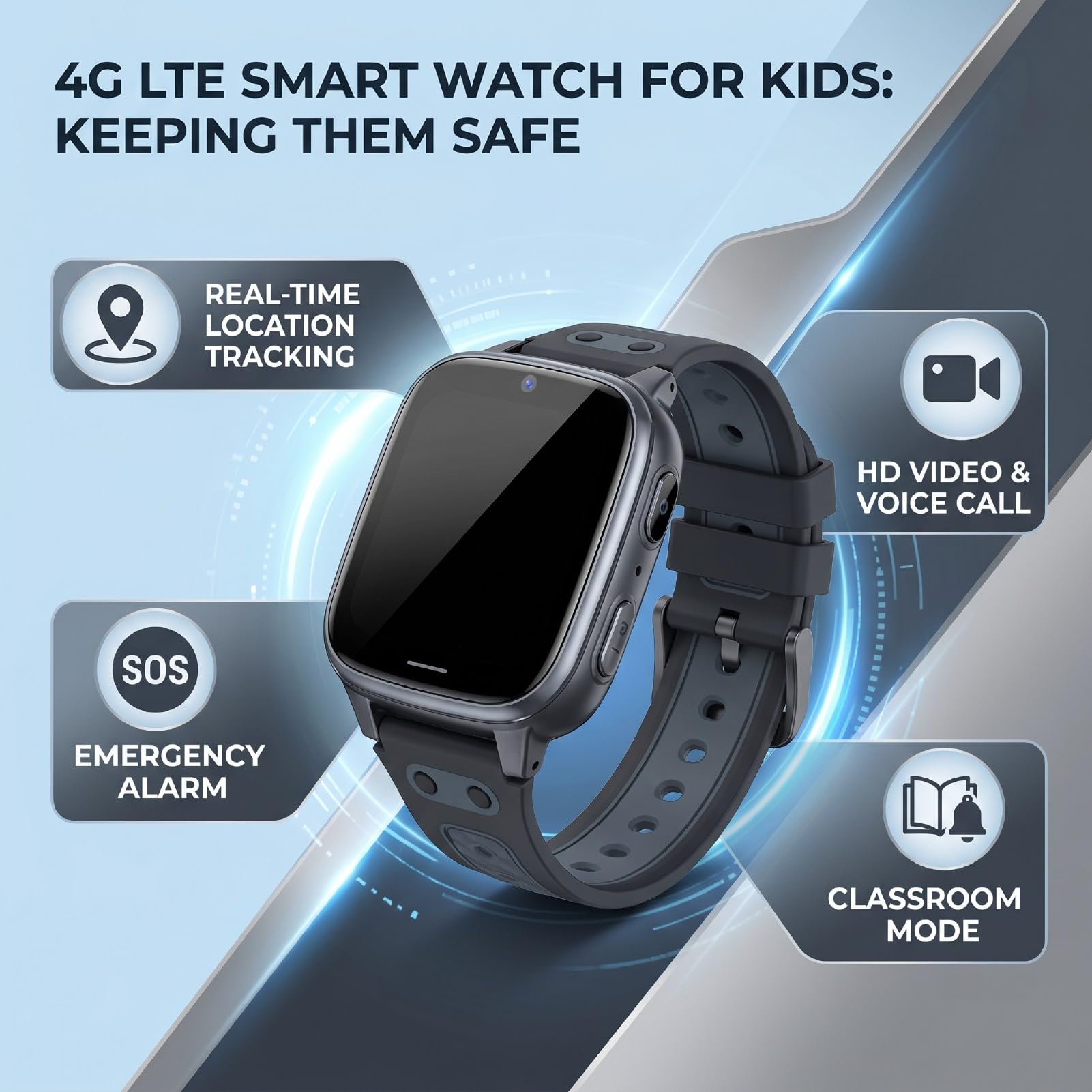 SENECESLI Smartwatch per Bambini 4G LTE con Videochiamata, Orologio Tracker per Bambini Touchscreen da 1,83 Pollici, Posizione LBS e Allarme SOS, modalità Aula per la Scuola, Resistente (BLACK)