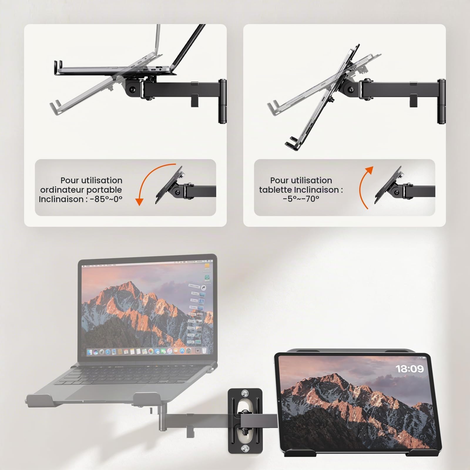 Support Mural pour Ordinateur Portable & Tablette, Capacité 5 KG, Bras en Métal 300x250 mm, Compatible PC 12-17″ & Tablette 10-13″, Norme VESA 75/100 mm, pour Bureau Maison & Cuisine