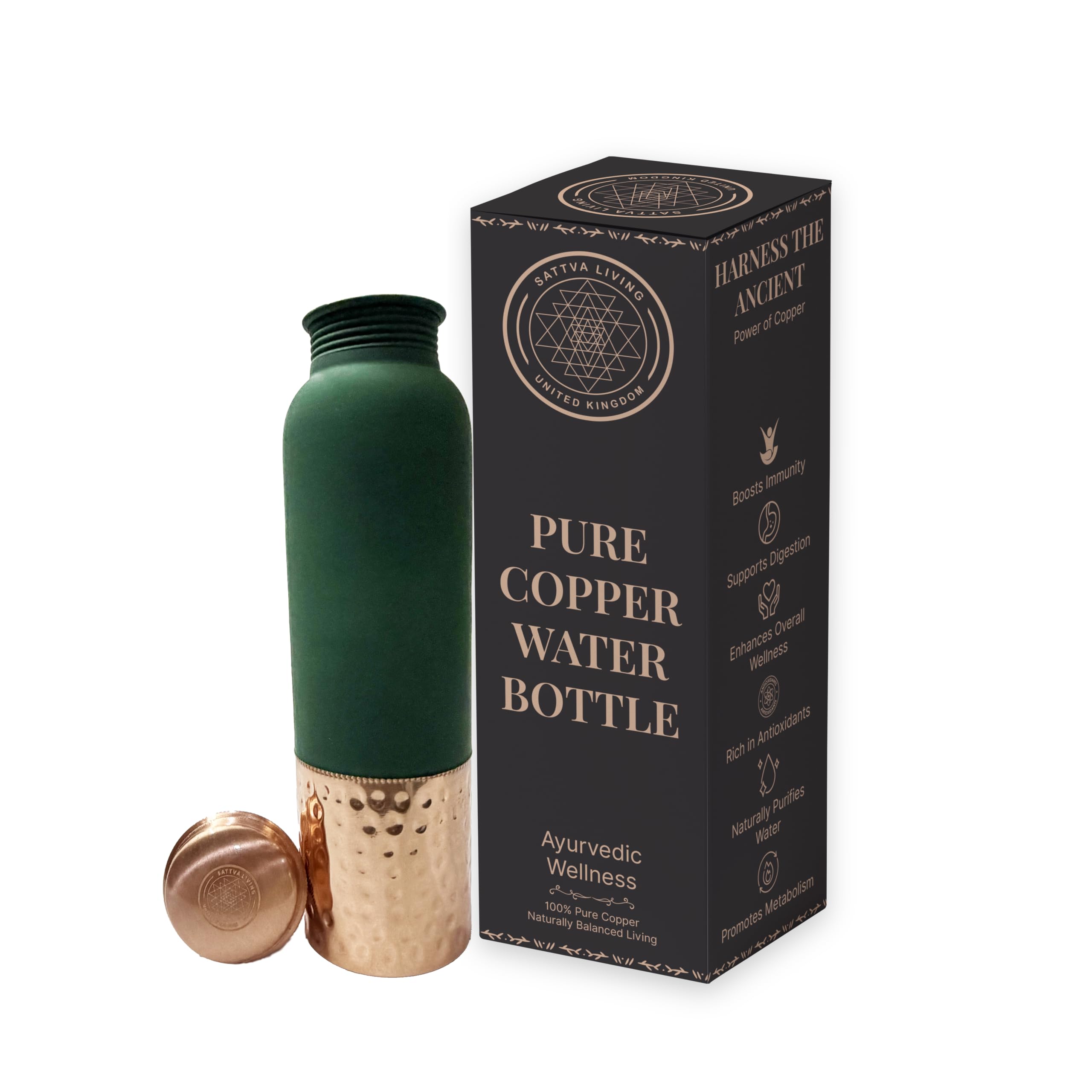 Sattva Living Pure Copper Water Bottle – 100% Genuine Copper | Royal Sage | Leak-Proof Screw Cap | Ayurvedic Wellness | 1 Litre