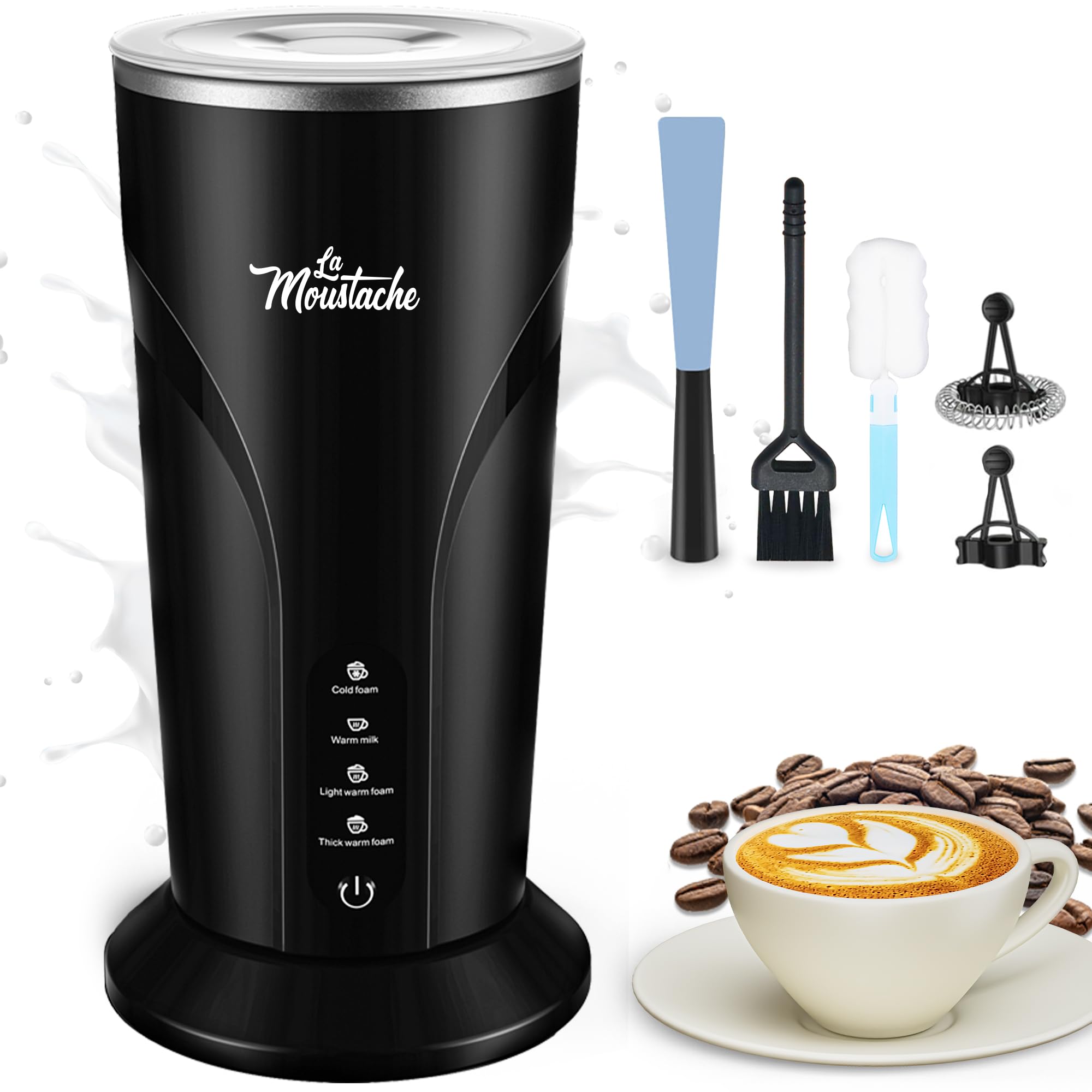 La Moustache - Espumador y Calentador de Leche Eléctrico【4 en 1】Espuma Tibia/​Fría, Espesa/​Fina | 300 ml - 500W | Automático y Silencioso para Café Latte, Cappuccino, Macchiato (Epic Foam Shaker)