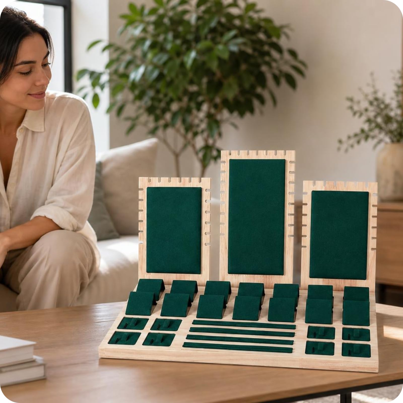TISHITA Soporte para Joyería Stand de Mostrador Organizador con Base Rectangular y Respaldo en Secciones Barras Estrechas y Paneles Rectangulares Madera, Dark Green, SET Stand