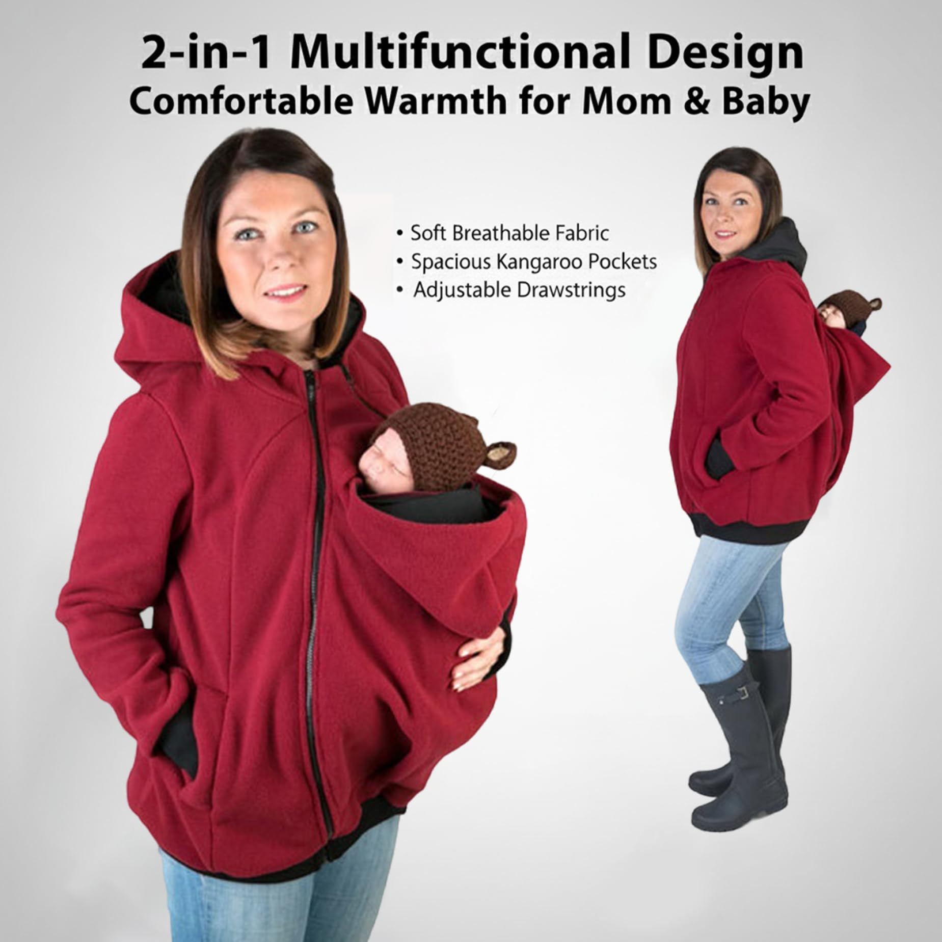 Umstands-Hoodie, 3-in-1-Kapuzenpullover mit Abnehmbarer Tasche, weiche, warme Baby-Tragejacke für den Winter, gemütliche Multifunktions-Umstandsjacke für Mama und Baby, Rot, Hoodies