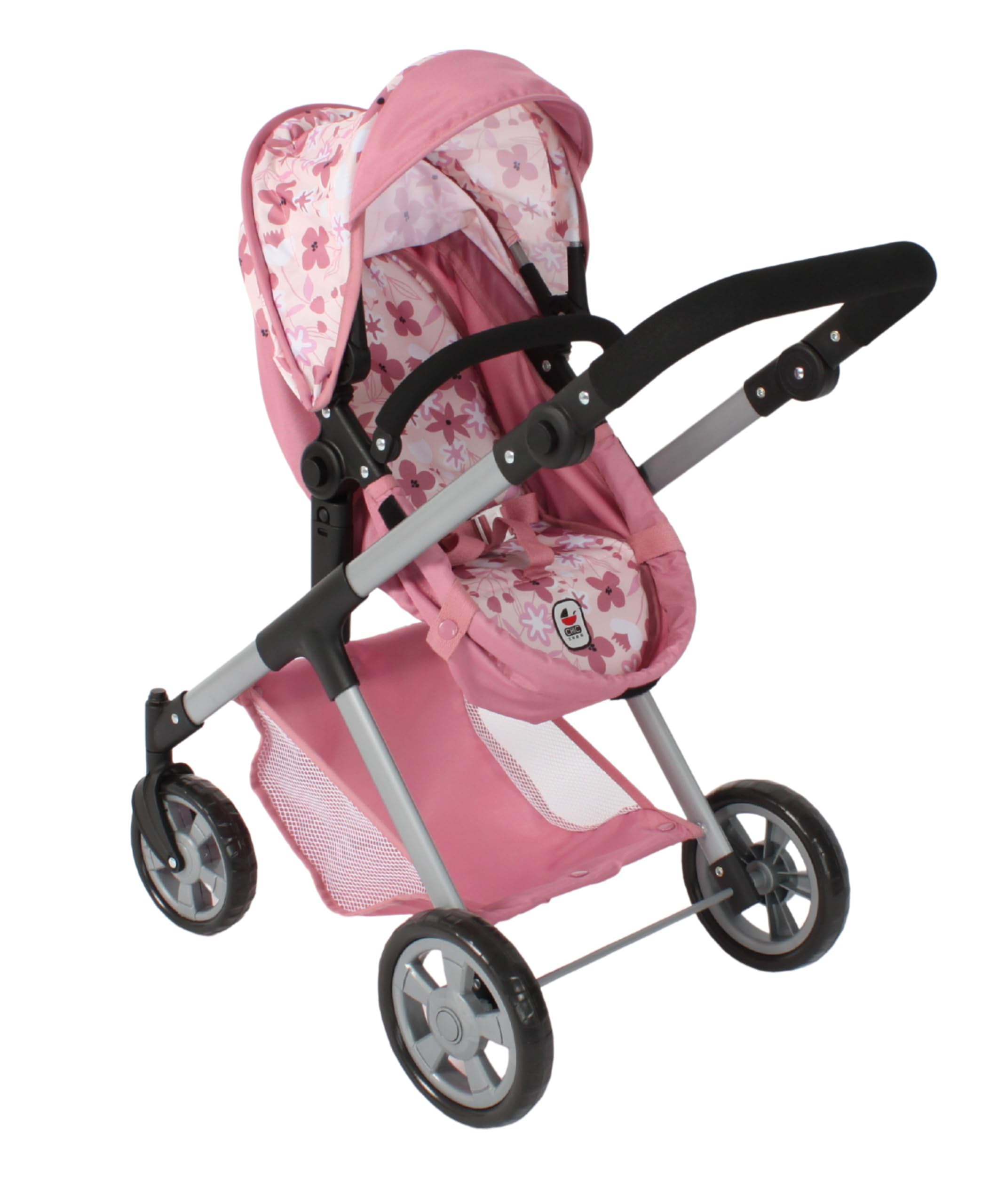Bayer Chic 2000® 2 w 1 wózek dla lalek Mila – różowy kwiat – uchwyt z regulacją wysokości 39-72 cm – nowoczesny stelaż – lalki do 50 cm – 3-7 J.