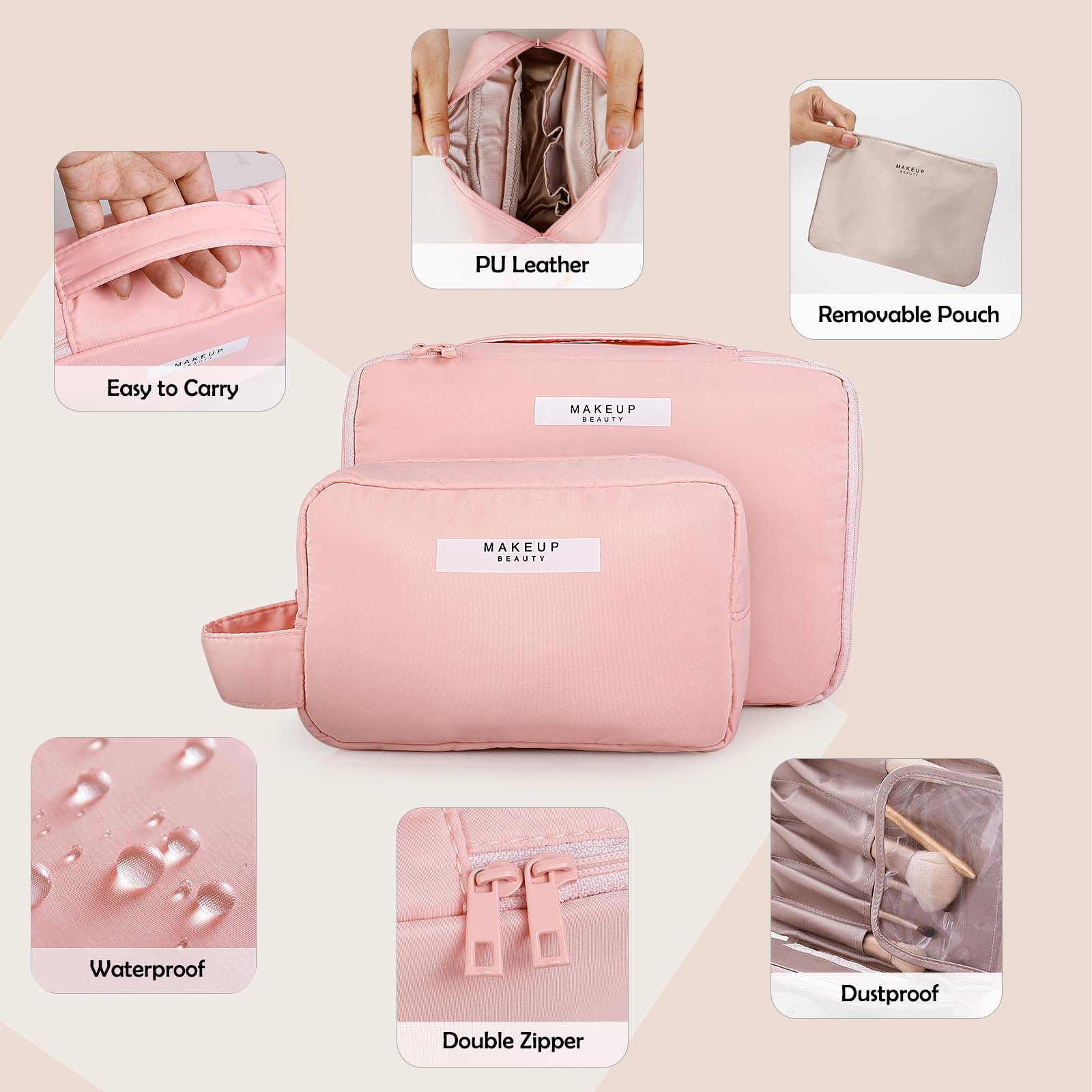 Romon Pack of 2 Travel Cosmetic Bag, Cosmetic Bag, Women's Waterproof, Portable Makeup Bag, Cosmetic Bag - Image 2