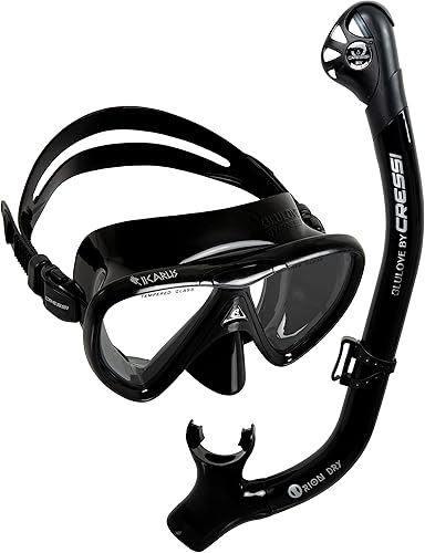 Cressi - Juego de snorkel para adulto en silicona cómoda y pura, máscara y snorkel seco Ikarus & Orion Dry