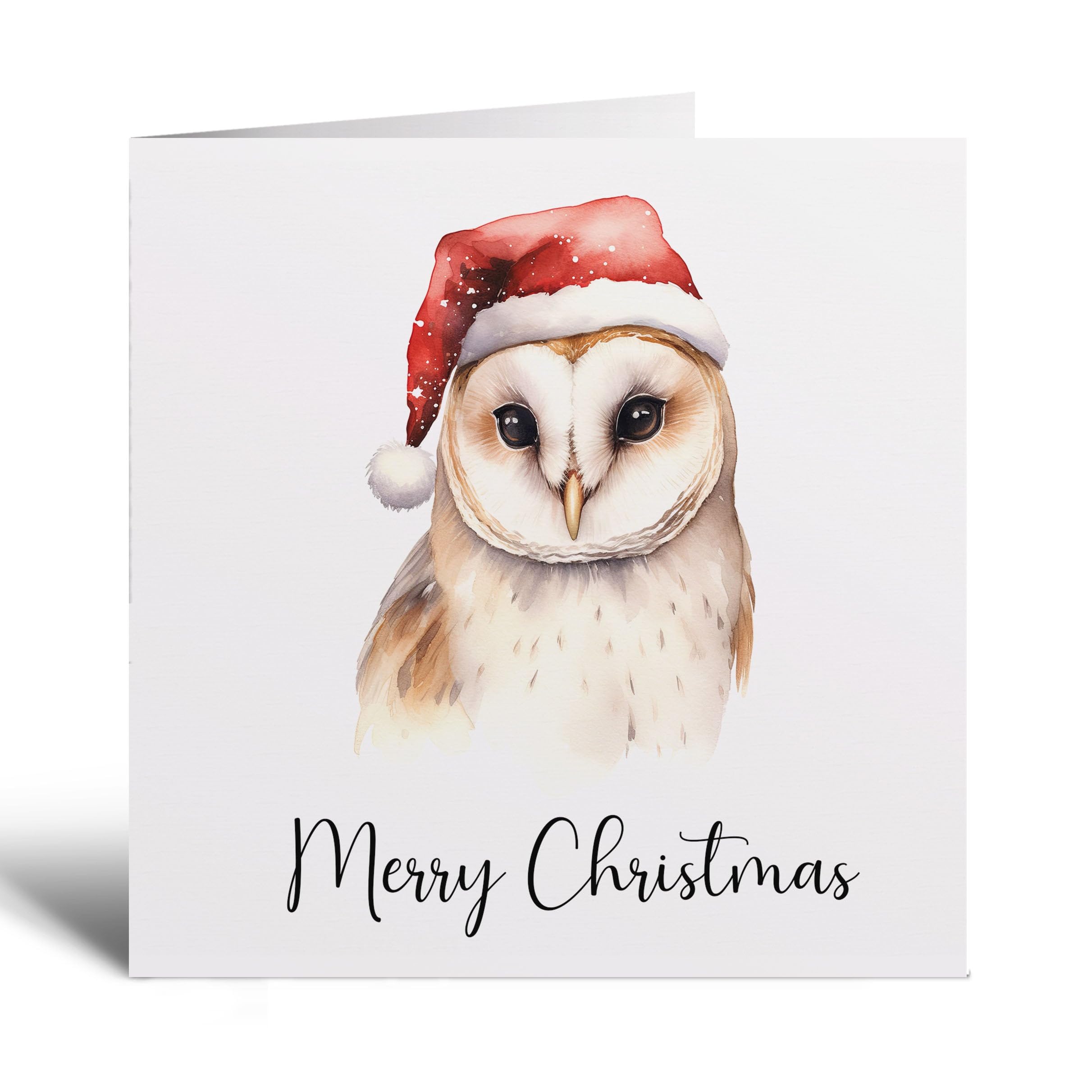 Postcard Prints - Fun Christmas Card of a Barn Owl Wearing A Santa Hat Whimsical Watercolour Christmas Card For Bird Lover For Him or Her - 3 Cards