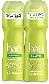 Ban Invisible Roll-on Antiperspirant Deodorant for Women and Men, 24-hour Underarm Odor & Sweat Protection, Unscented, 3.5 Oz, Pack of 2