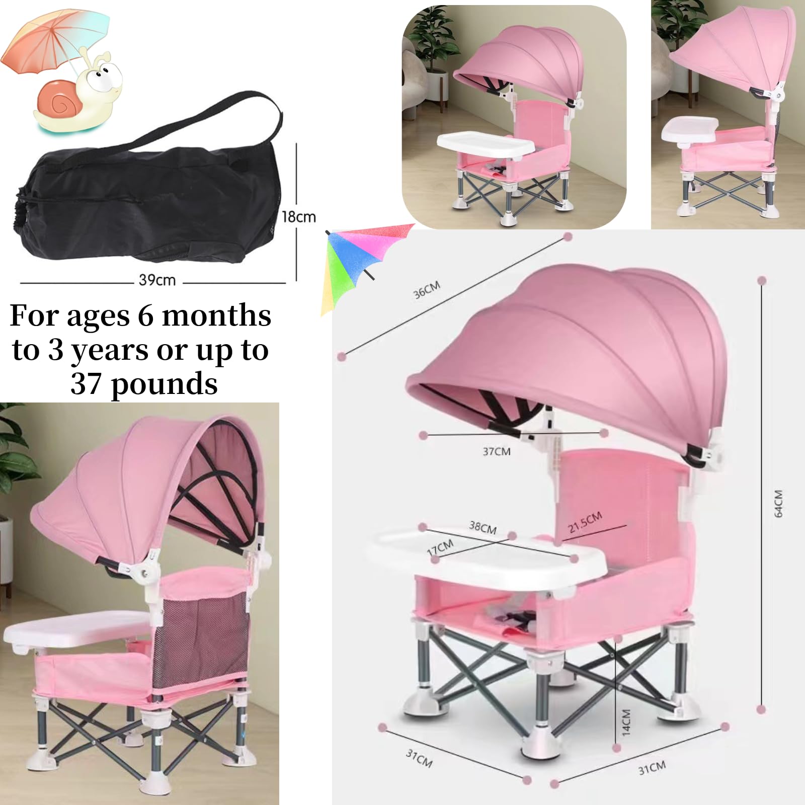 Little Bean Seggiolone pieghevole per bambini, da viaggio, portatile, con vassoio rimovibile, per interni ed esterni, sedia da campeggio, per bambini (rosa)