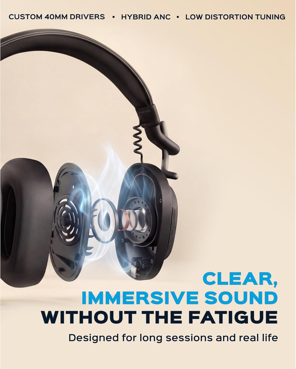 TREBLAB U5 Hybrid Active Noise Cancelling Headphones Over Ear for Work, Focus & Travel - All Day Comfort, Lightweight Foldable Design, 55 Hours ANC Battery, Wireless Bluetooth Headphones with Mic - Image 3