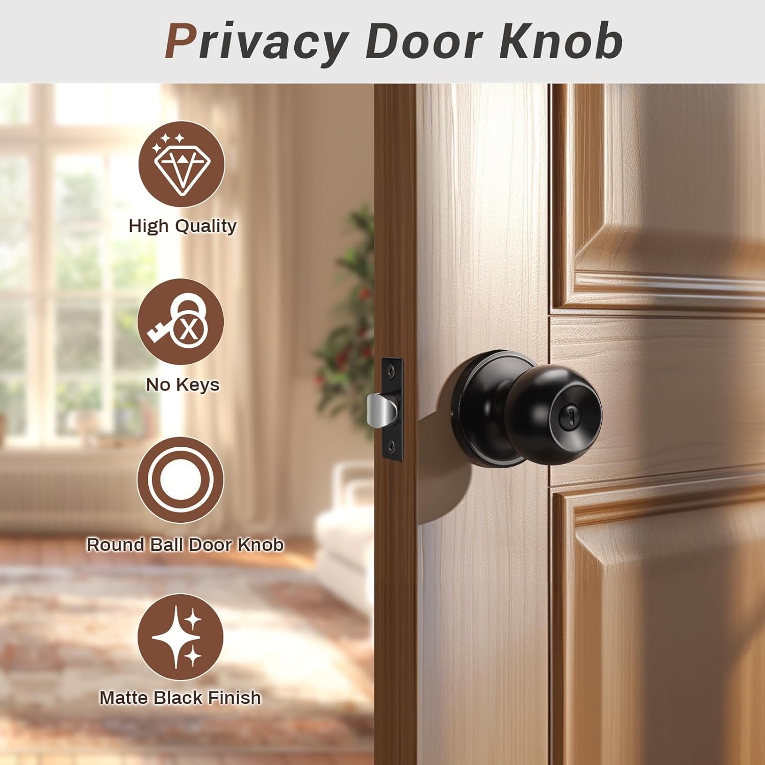 Knobonly 6 Pack Matte Black Door Knobs with Lock, Privacy Door Knobs Interior for Bedroom or Bathroom Classic Round Doorknobs Inside Stainless Steel