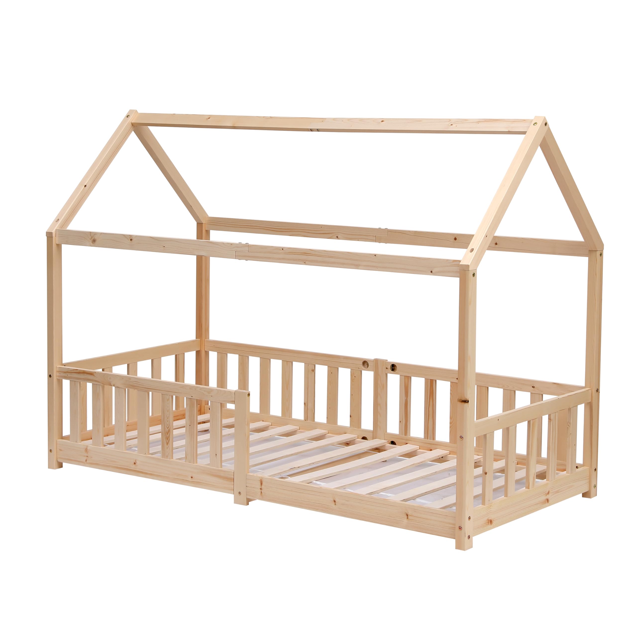 CFDZSolid Pine Wood Kids BedFrame Single Bed Frame House Scandinavian Style Natural Bed Frame for Boy and Girl for Bedroom Furniture, Mattress (WITHOUT) 90x190 cm