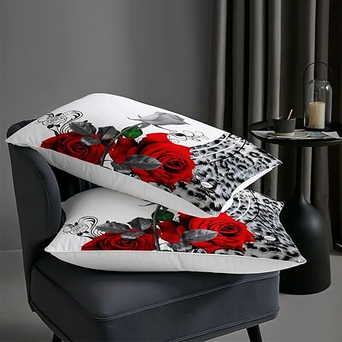 Miniatura 6 de AILONEN Juego de edredón con estampado de leopardo, tamaño individual, juego de ropa de cama con temática de rosas y animales para niñas, mujeres,