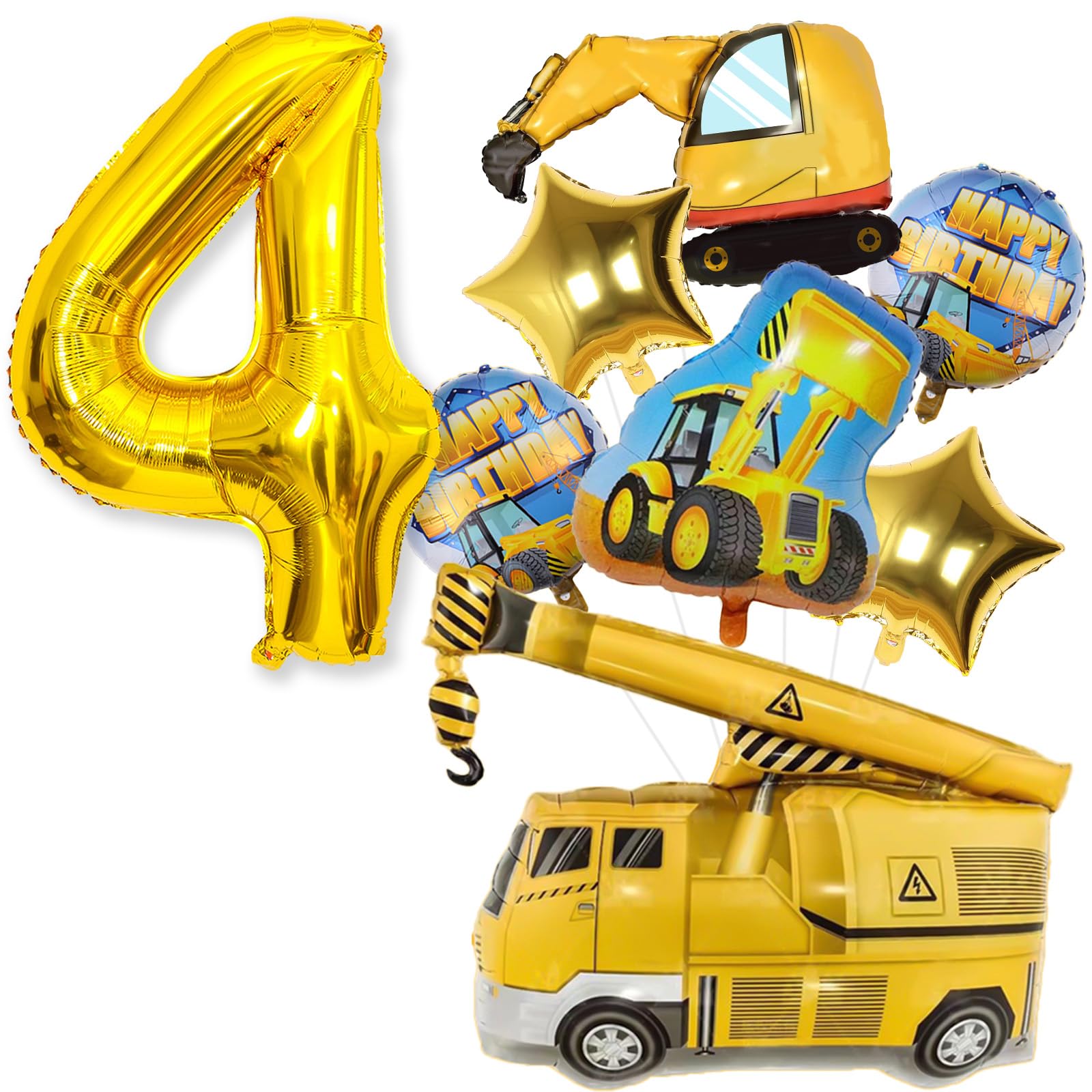 Construction Balloons 4th Birthday, 9Pcs 40 Inch Gold Number 4 Balloons with Large Excavator Dump Truck Crane Bulldozer Foil Mylar Balloons Set for