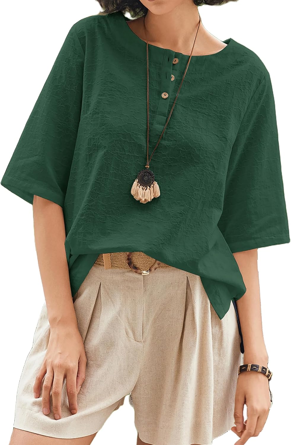 Linen Tops for Women 3/4 Sleeve Crew Neck Cotton Shirts Casual Jacquard Boho Blouse