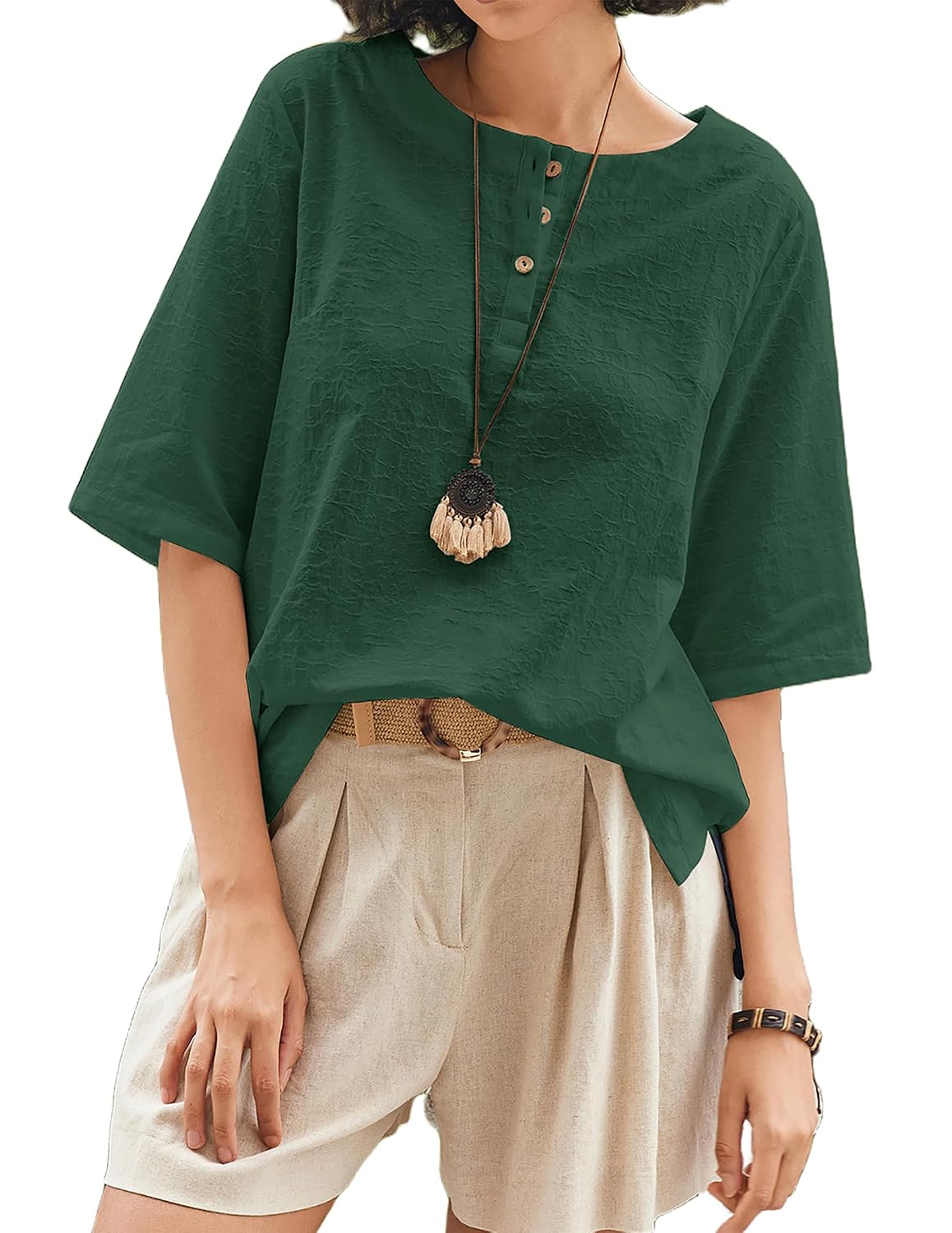 Cnlinkco Linen Tops for Women 3/4 Sleeve Crew Neck Cotton Shirts Casual Jacquard Boho Blouse - Review, Price and Buying Guide