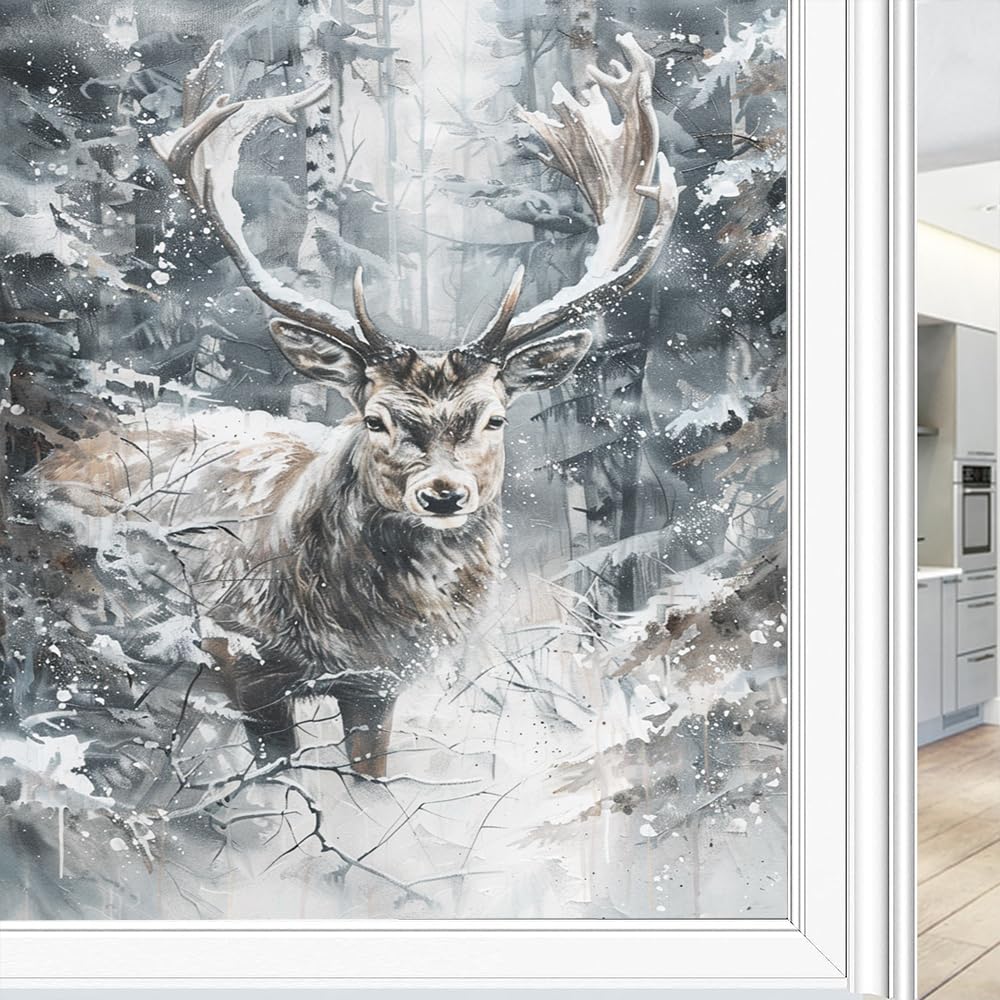 Vintage Deer Stained Glass Window Film, Snowy Winter Woods Wildlife Animal Decorative Frosted Glass Privacy Film, Heat Control Static Cling Window Sticker 70x100 cm