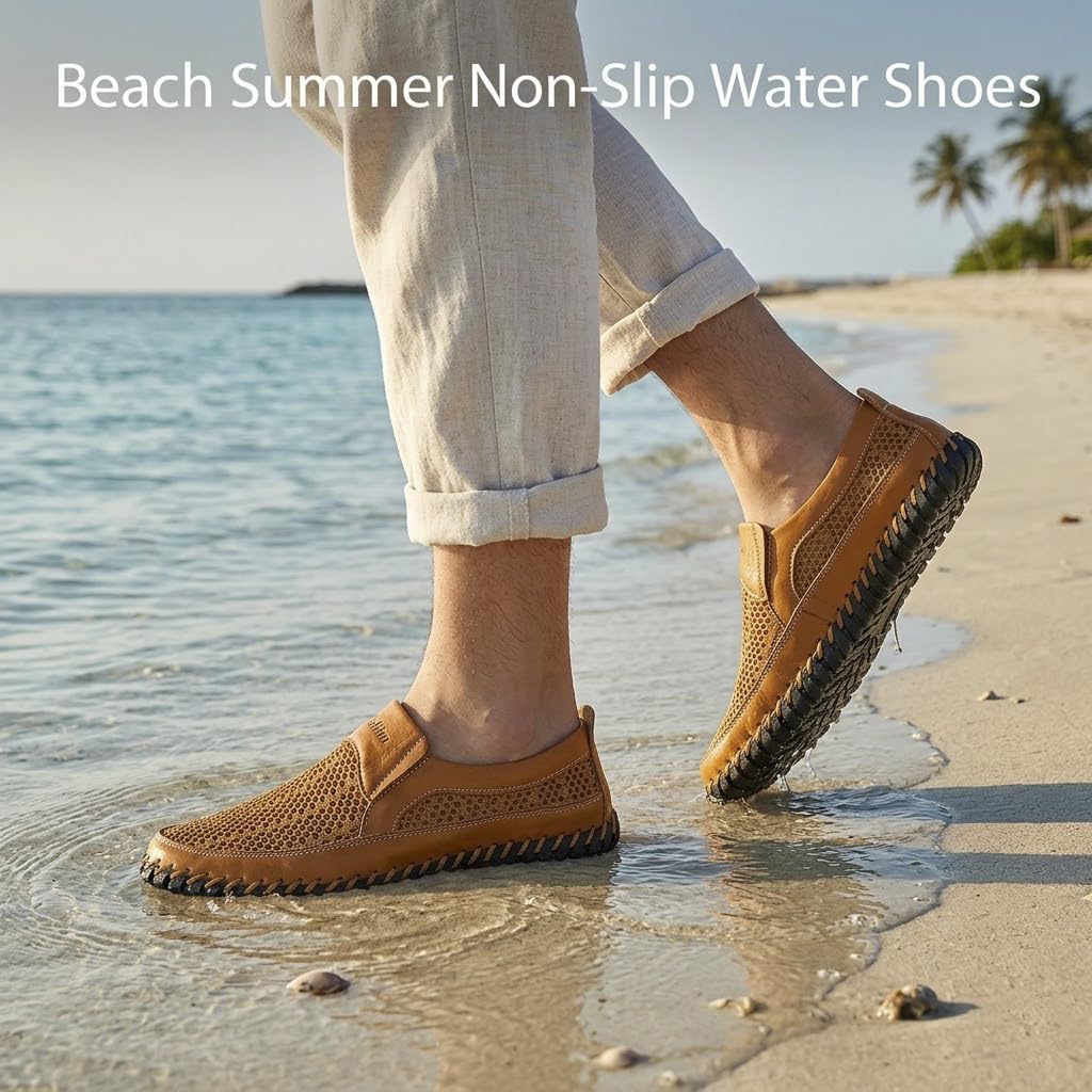 Handgefertigte Herren-Wanderschuhe, Rindsleder, atmungsaktiv, Netzstoff, Slip-On-Slipper, Outdoor, Strand, Sommer, rutschfest, flache Wasser-Sandalen, Übergröße