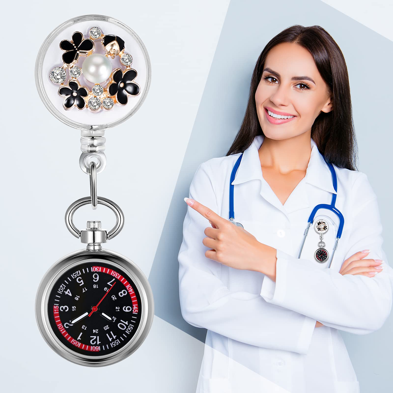 Lancardo Retractable Nurse Watch Clip On Pearl Flower Patterns Badge with Secondhand Stethoscope Lapel Fob Pocket Watch Doctor Nurse Watch for Women and Men