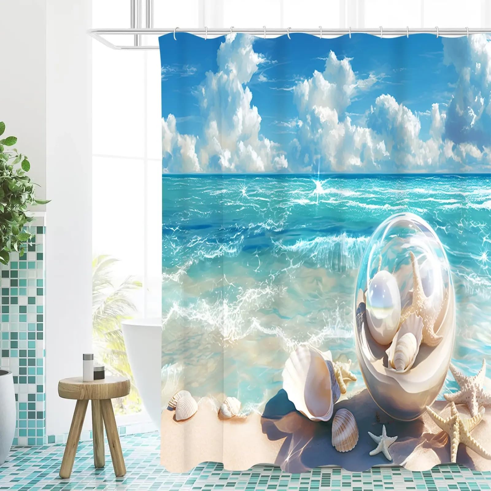 Cortina de Ducha Opaca de Gran tamaño con diseño de Conchas de Playa, Impermeable, con 12 Ganchos, para decoración del hogar, 180 x 200 cm (Ancho x Alto).
