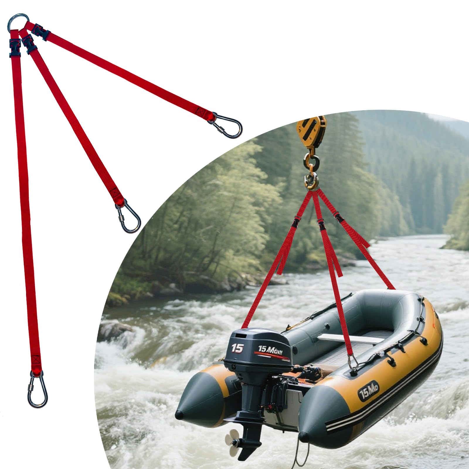 Dinghy Sling, 3 Leg Inflatable Boat Lifting Sling, Adjustable ‌Straps, ‌Stainless Steel Hooks‌, ‌1000lb Capacity, Universal for ‌Inflatable Boats or ‌Davit System
