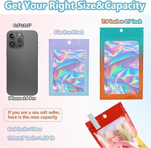 Miniatura 3 de 200 PCS 4.7x7.8 Smell Proof Mylar Bags for Food Storage, Resealable Mylar Bags Gradient with Clear Window, Holographic Resealable Packaging Bag for