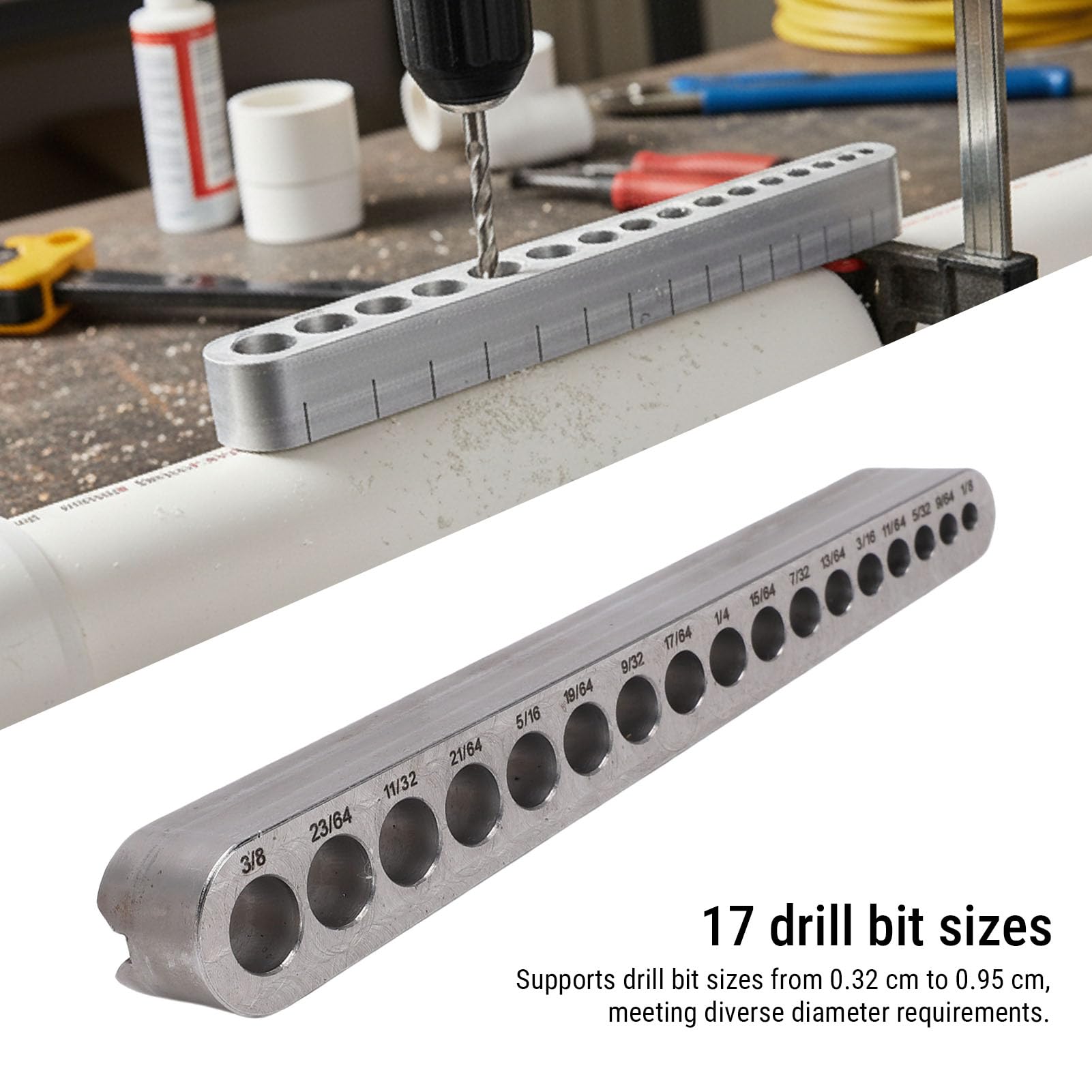 Drill Bit Guide,Aluminum Alloy Precision Drill Jig Block for Straight Holes 17 Drill Sizes 0.32 to 0.95cm Portable Metal Drilling Tool for Woodworking and DIY Projects
