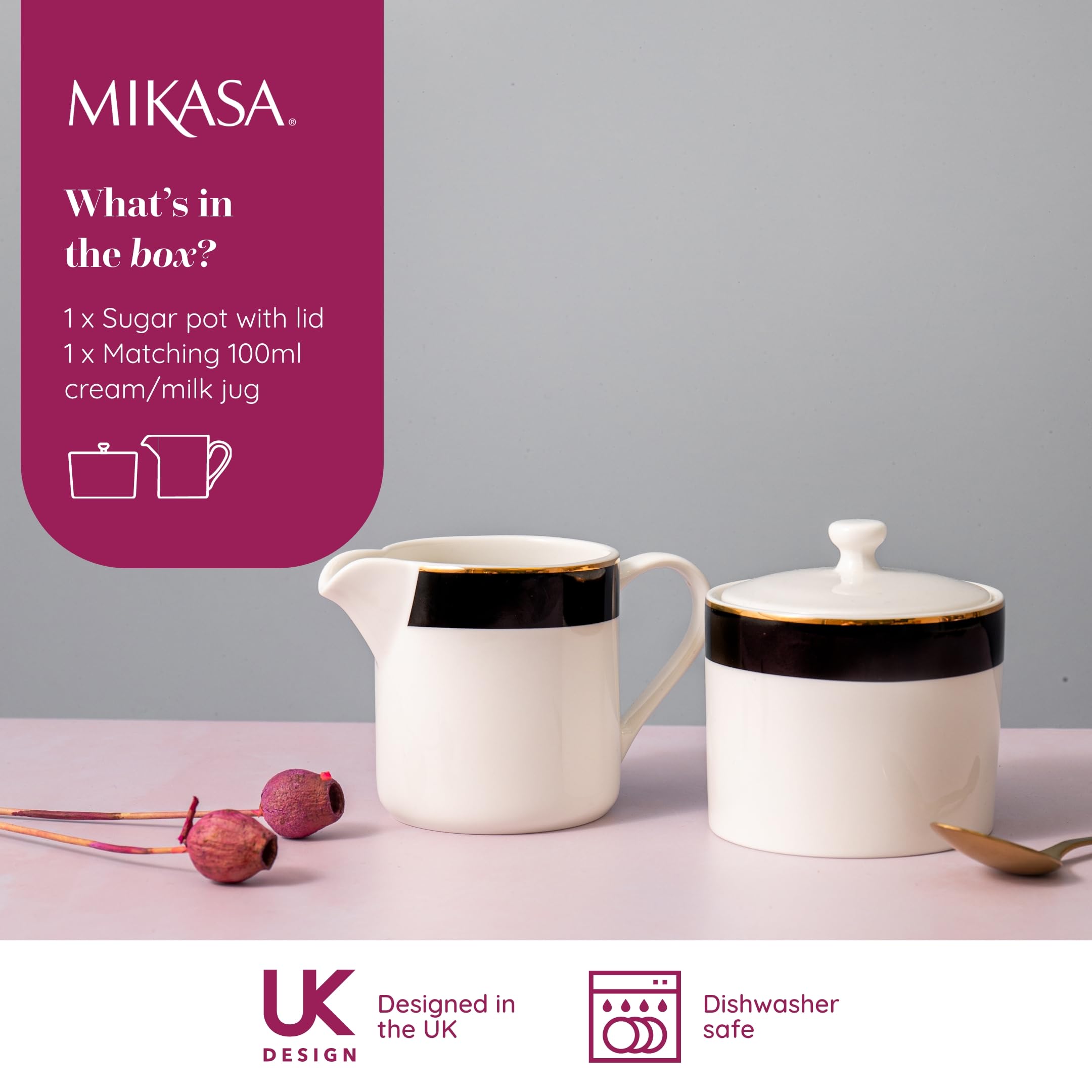 Mikasa Luxe Deco Porcelanowy zestaw do cukru i śmietanki, 245 ml, dzbanek z pokrywką na cukier i mleko, zapakowany w pudełko i można myć w zmywarce