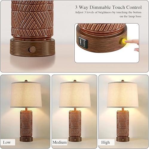 Miniatura 2 de RORIA Juego de 2 lámparas de mesa vintage táctiles para sala de estar, lámpara de mesita de noche regulable de 3 vías con 2 puertos USB, lámparas de